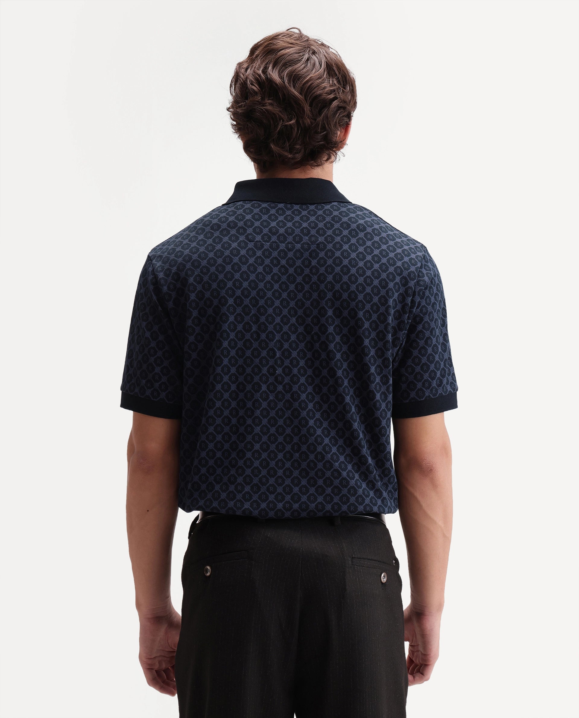 Rare Rabbit Men's Post-P Navy Cotton Blend Spread Collar Regular Monogram Print Polo
