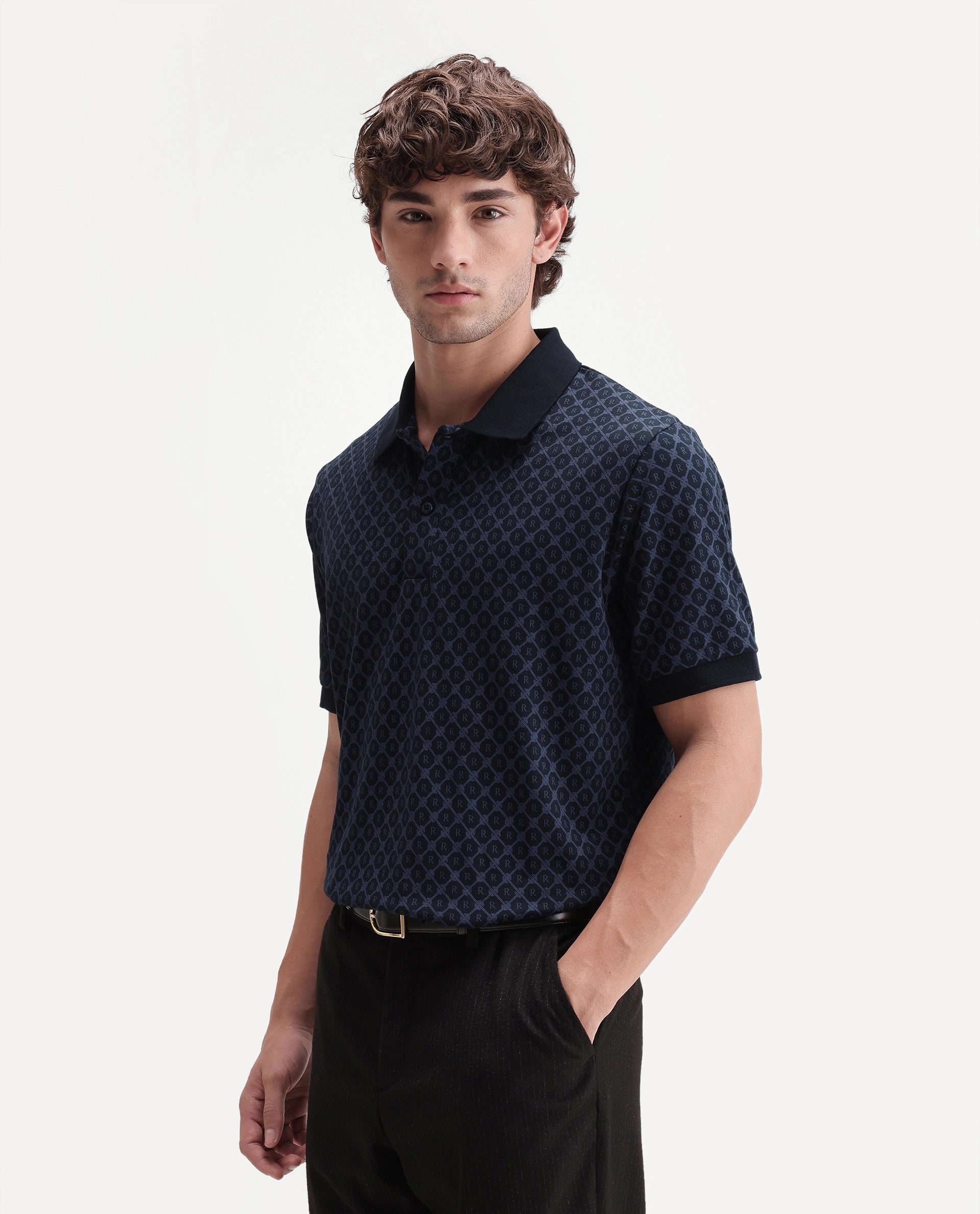 Rare Rabbit Men's Post-P Navy Cotton Blend Spread Collar Regular Monogram Print Polo