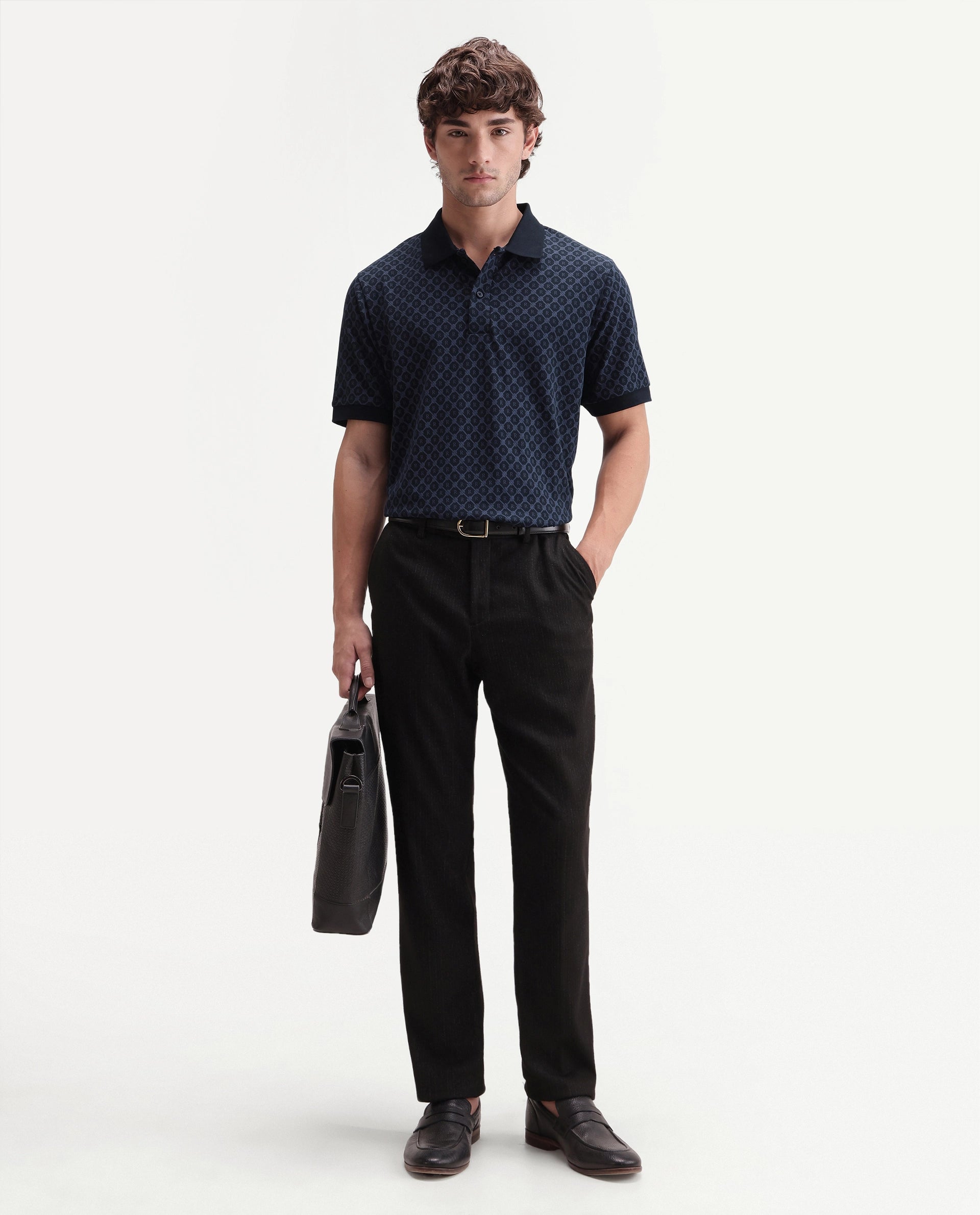 Rare Rabbit Men's Post-P Navy Cotton Blend Spread Collar Regular Monogram Print Polo