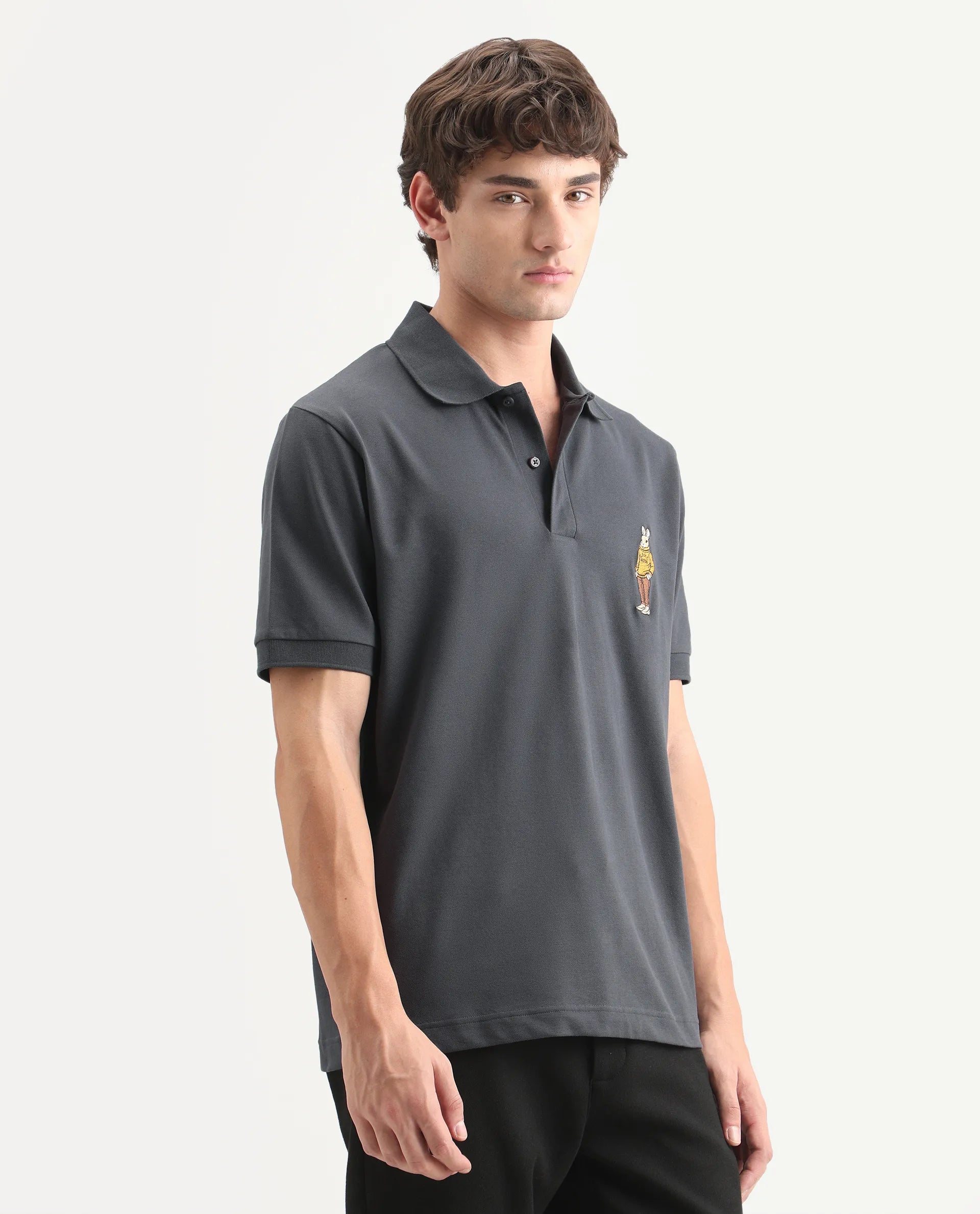 Rare Rabbit Men's Mascos Black Cotton Blend Spread Collar Regular Fit Embroidered Polo