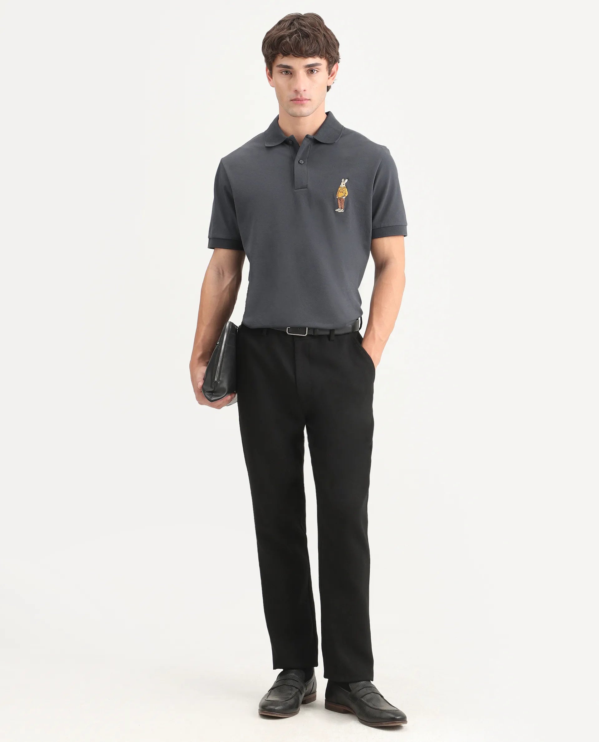 Rare Rabbit Men's Mascos Black Cotton Blend Spread Collar Regular Fit Embroidered Polo