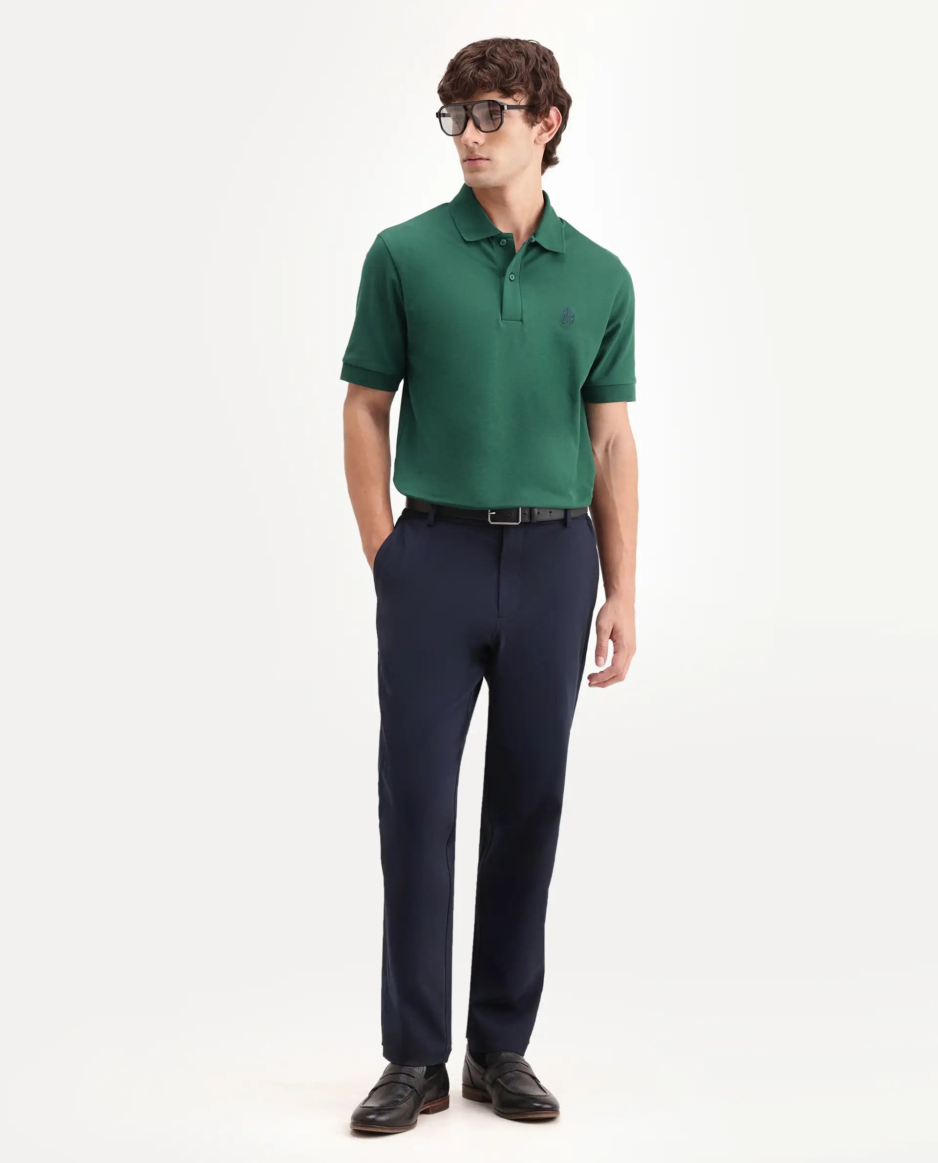 Rare Rabbit Men's Walp Green Cotton Blend Spread Collar Regular Plain Polo