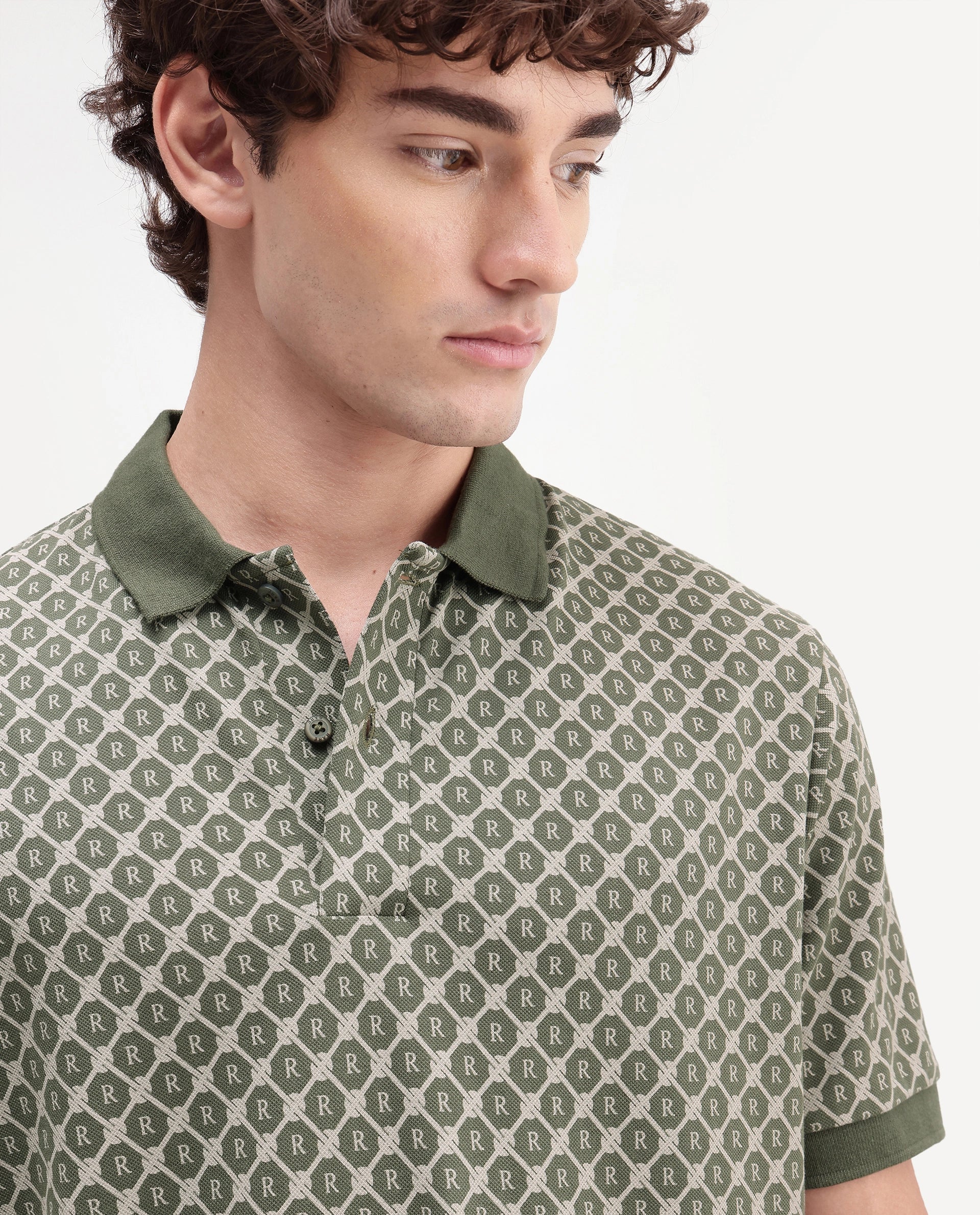 Rare Rabbit Men's Post-P Olive Cotton Blend Spread Collar Regular Monogram Print Polo