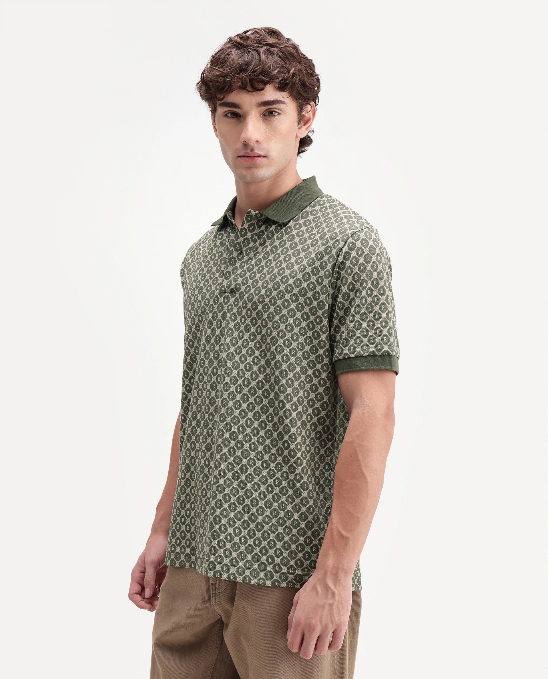 Rare Rabbit Men's Post-P Olive Cotton Blend Spread Collar Regular Monogram Print Polo