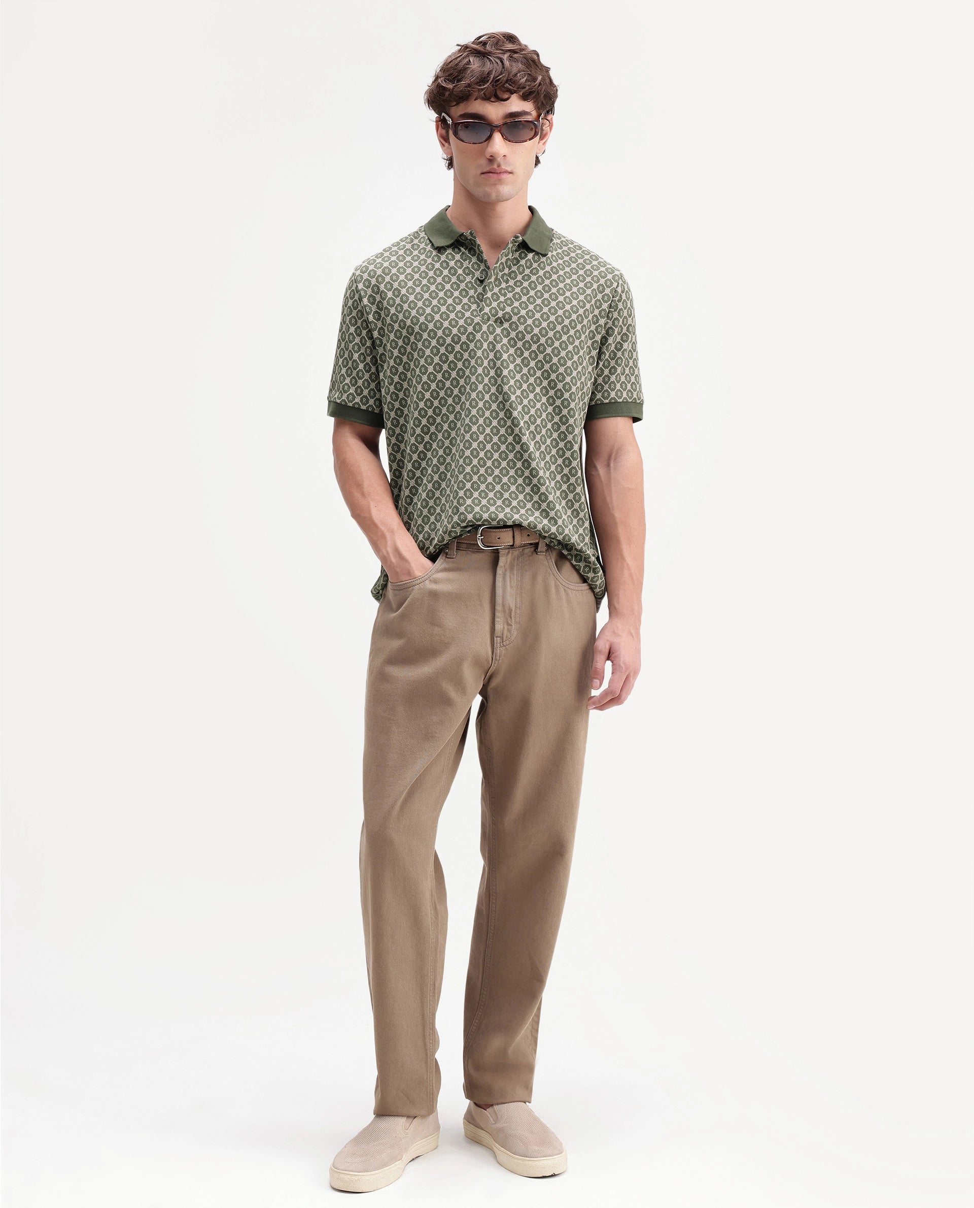 Rare Rabbit Men's Post-P Olive Cotton Blend Spread Collar Regular Monogram Print Polo