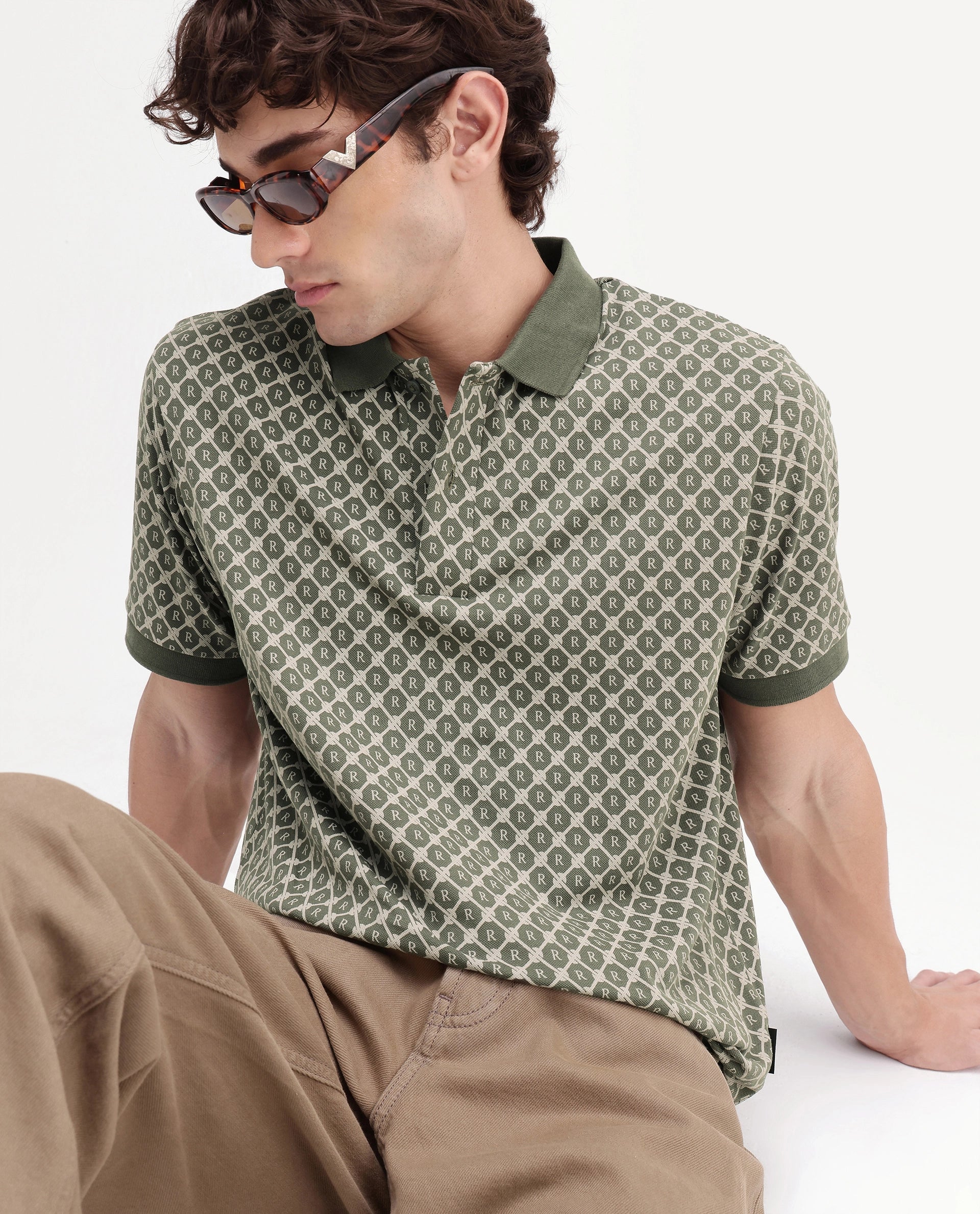 Rare Rabbit Men's Post-P Olive Cotton Blend Spread Collar Regular Monogram Print Polo