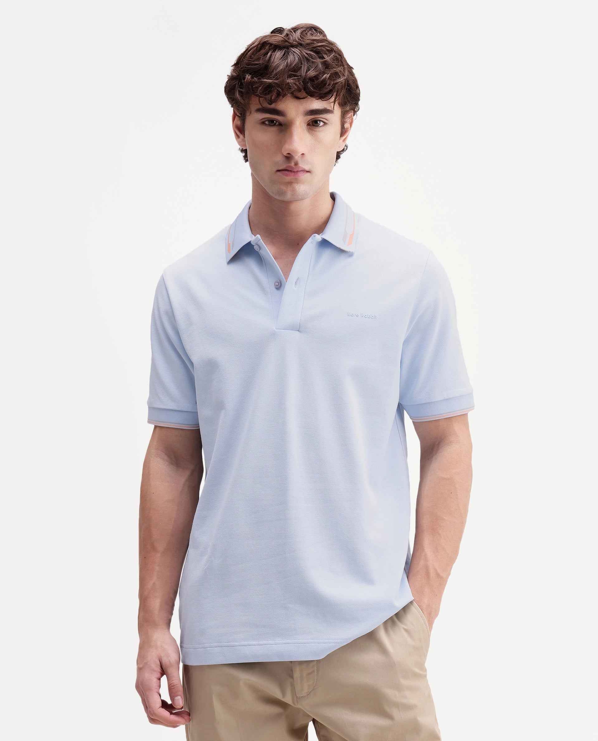 Rare Rabbit Men's Elank Light Blue Cotton Blend Spread Collar Regular Plain Polo