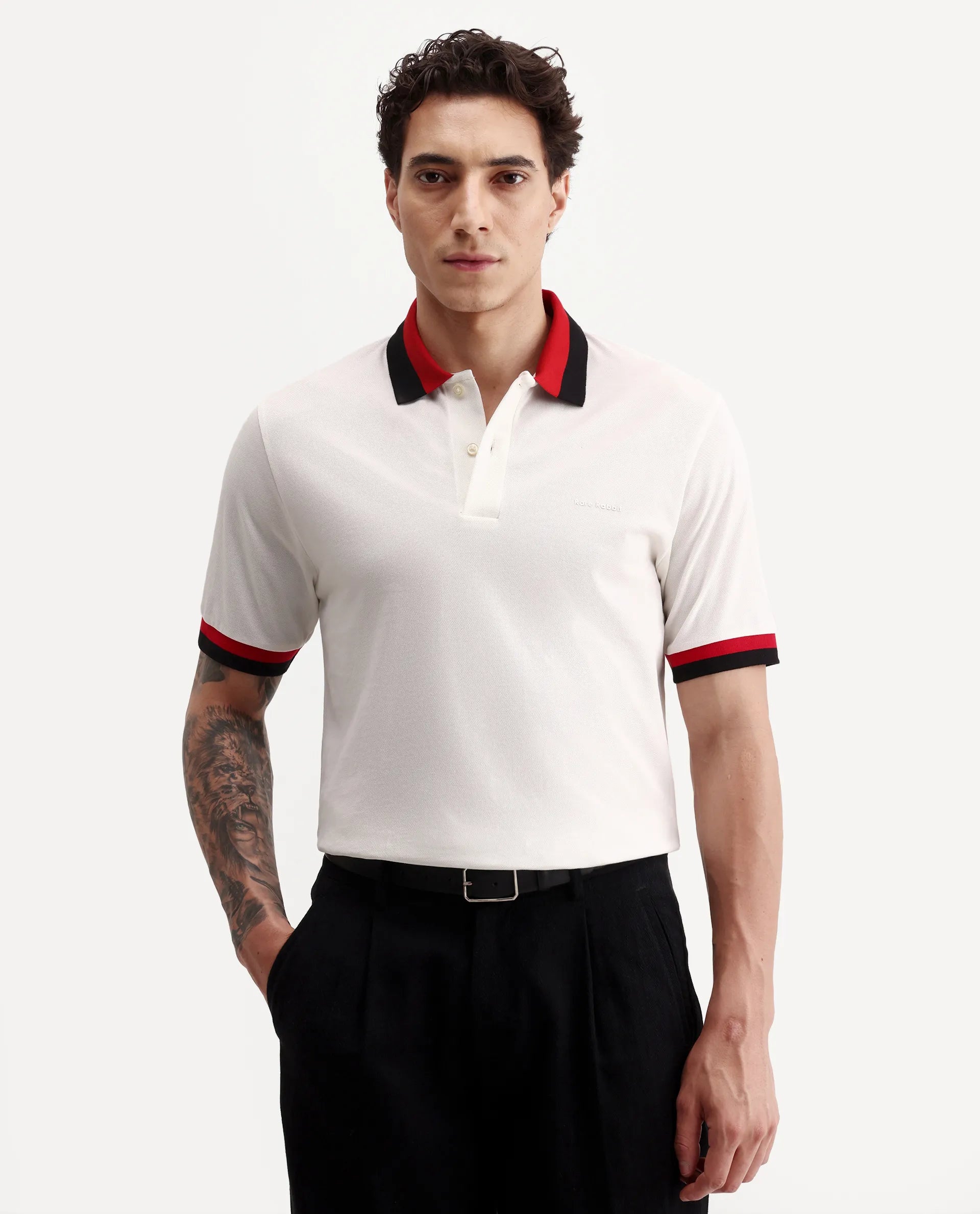 Rare Rabbit Men's Nilo White Cotton Spread Collar Button Regular Fit Plain Polo