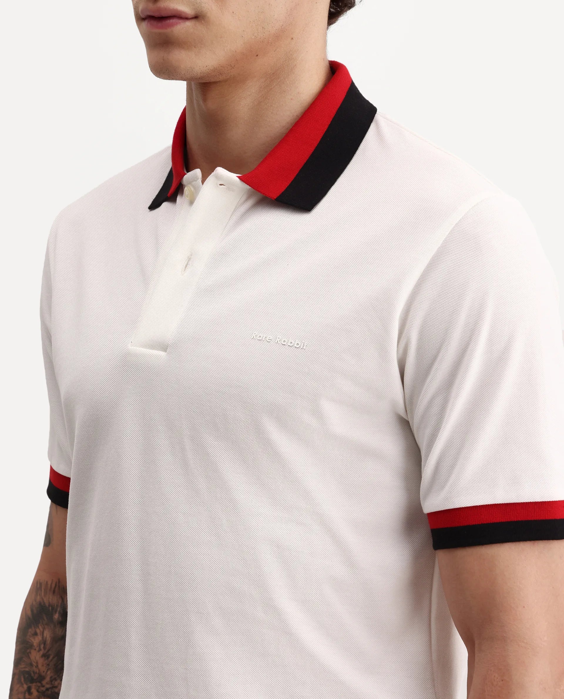 Rare Rabbit Men's Nilo White Cotton Spread Collar Button Regular Fit Plain Polo