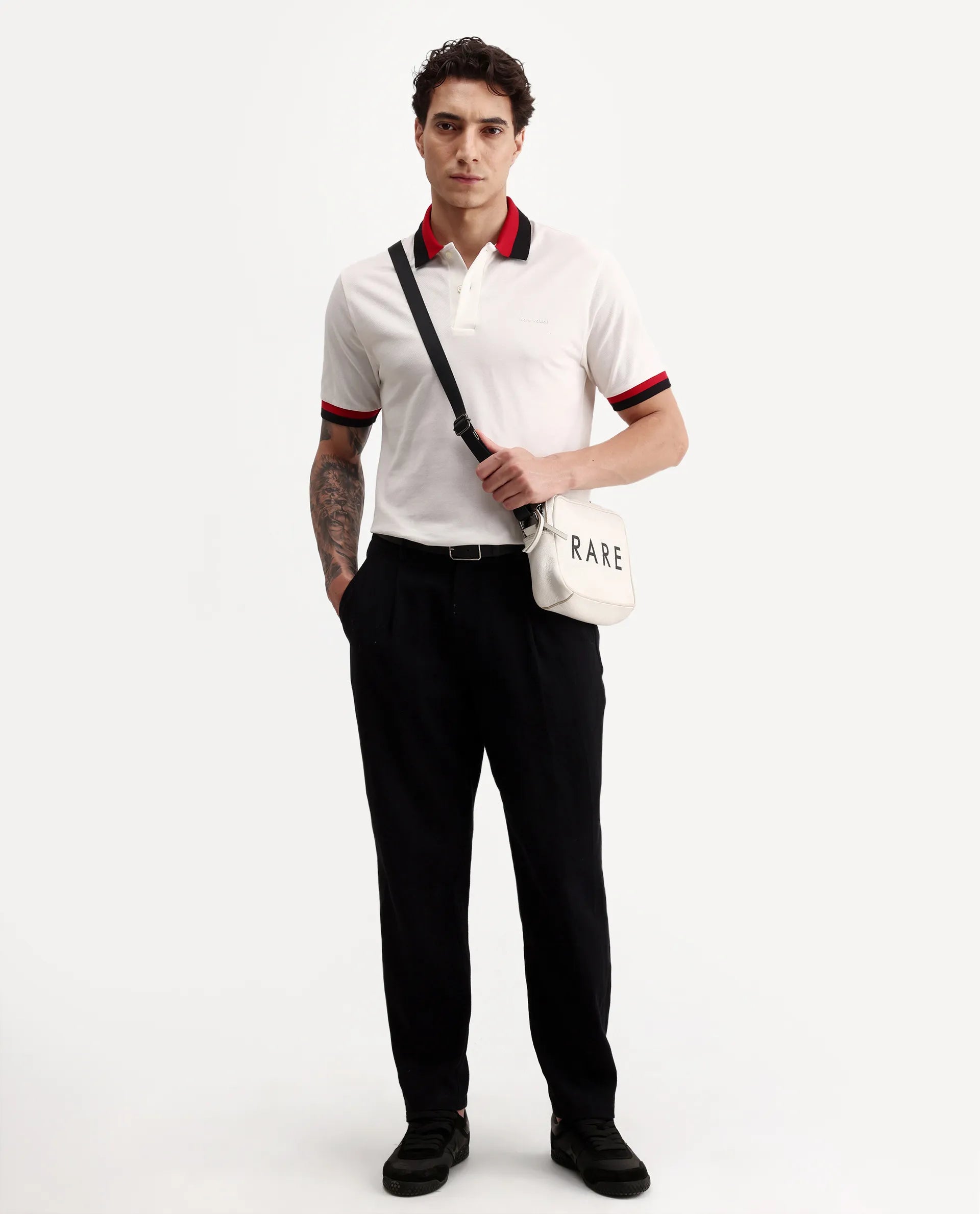 Rare Rabbit Men's Nilo White Cotton Spread Collar Button Regular Fit Plain Polo