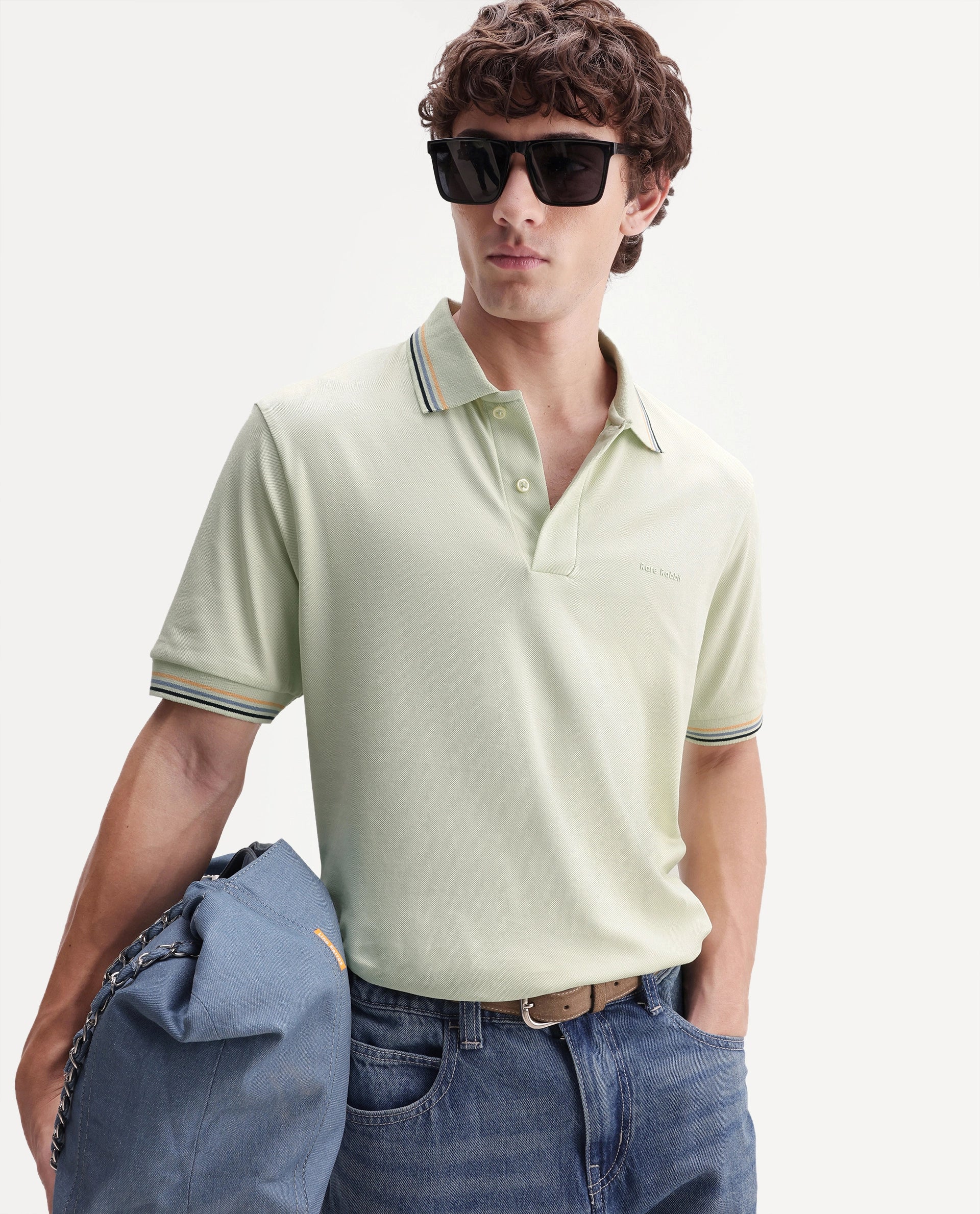 Rare Rabbit Men's Dren Fluorescent Green Cotton Blend Spread Collar Regular Plain Polo