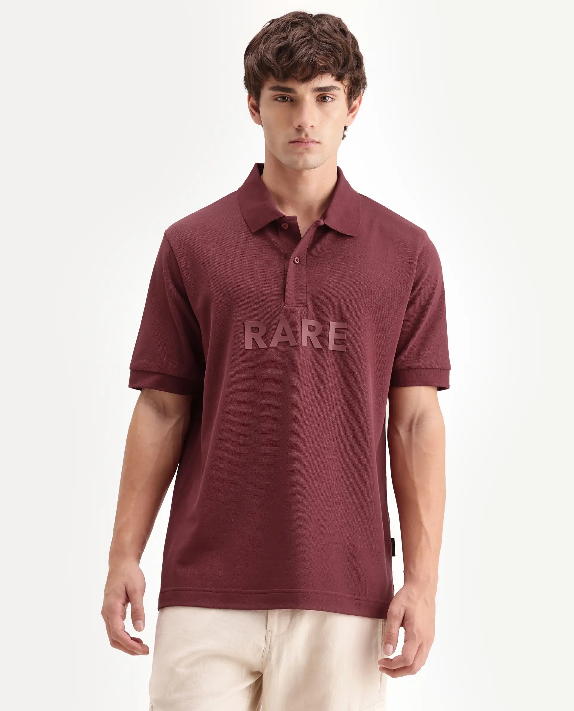 Rare Rabbit Men's Gael Maroon Cotton Blend Spread Collar Regular Plain Polo