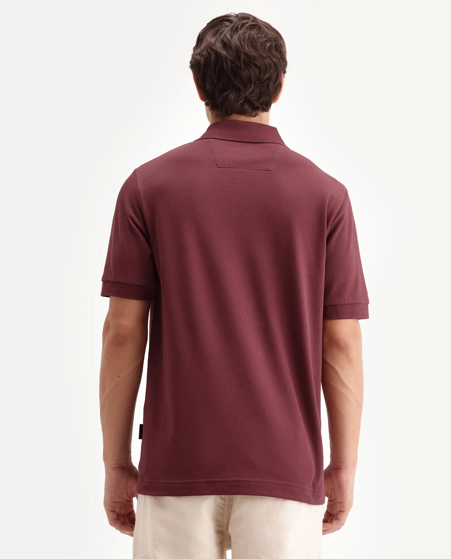 Rare Rabbit Men's Gael Maroon Cotton Blend Spread Collar Regular Plain Polo
