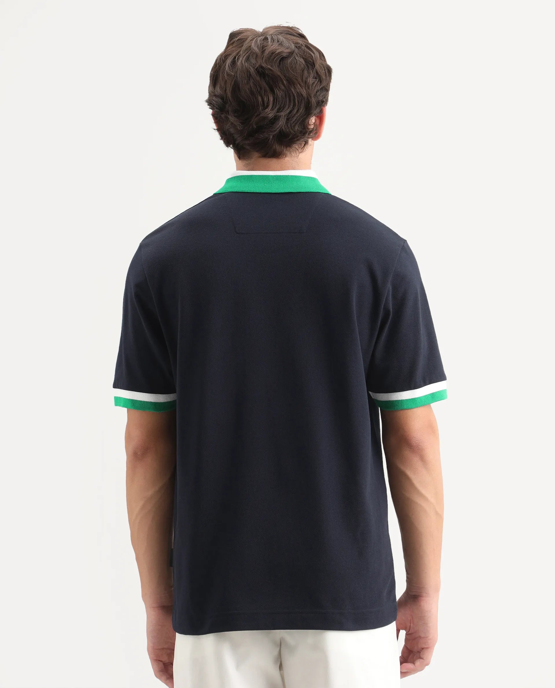 Rare Rabbit Men's Nilo Navy Cotton Spread Collar Button Regular Fit Plain Polo