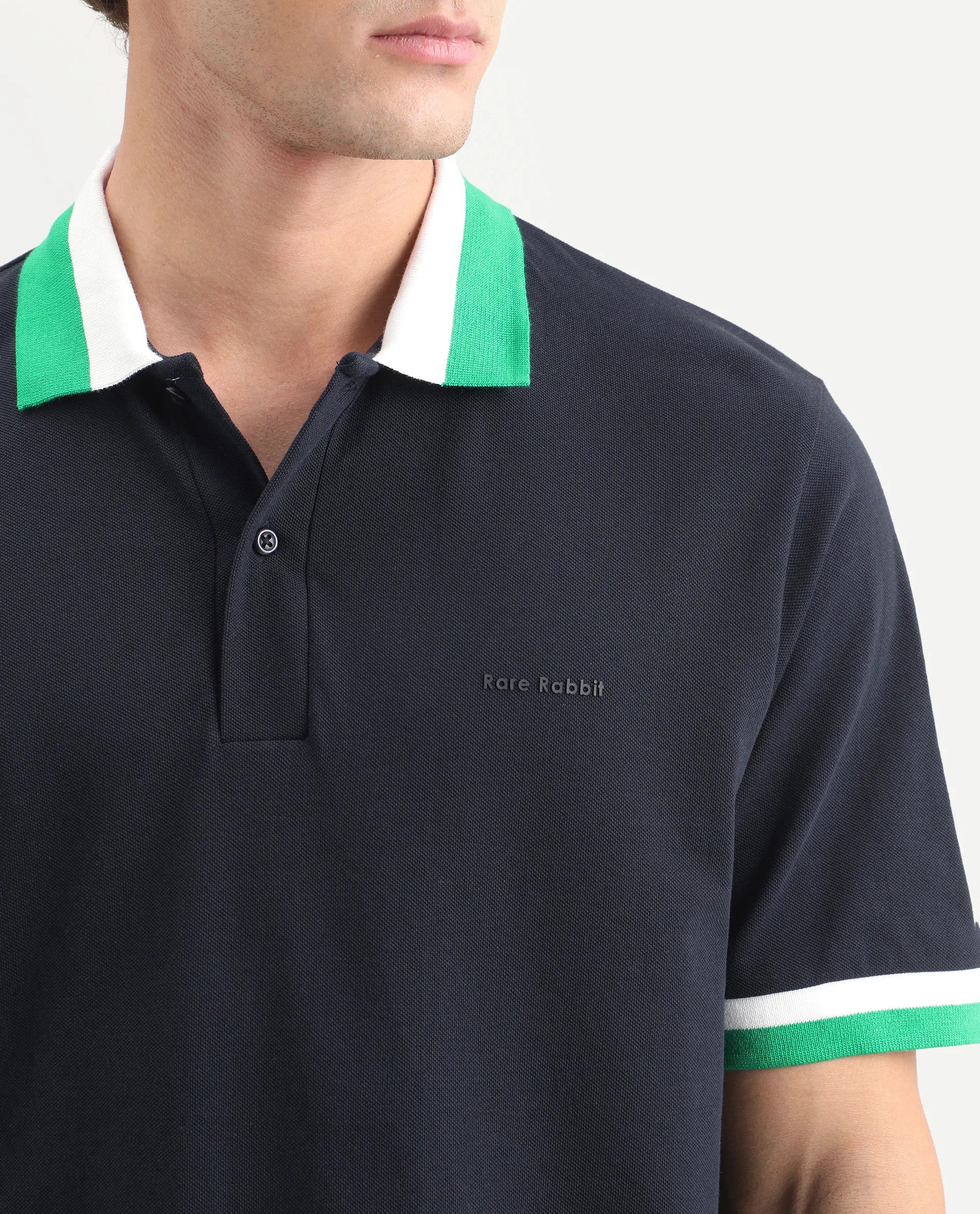 Rare Rabbit Men's Nilo Navy Cotton Spread Collar Button Regular Fit Plain Polo