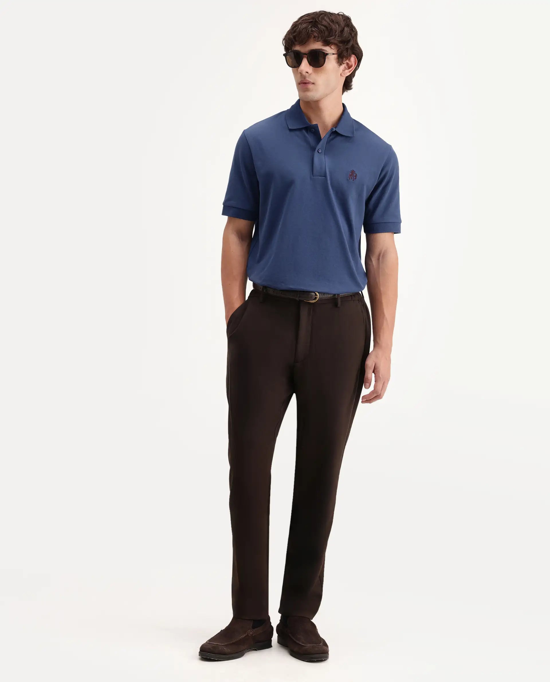 Rare Rabbit Men's Walp Dark Blue Cotton Blend Spread Collar Regular Plain Polo