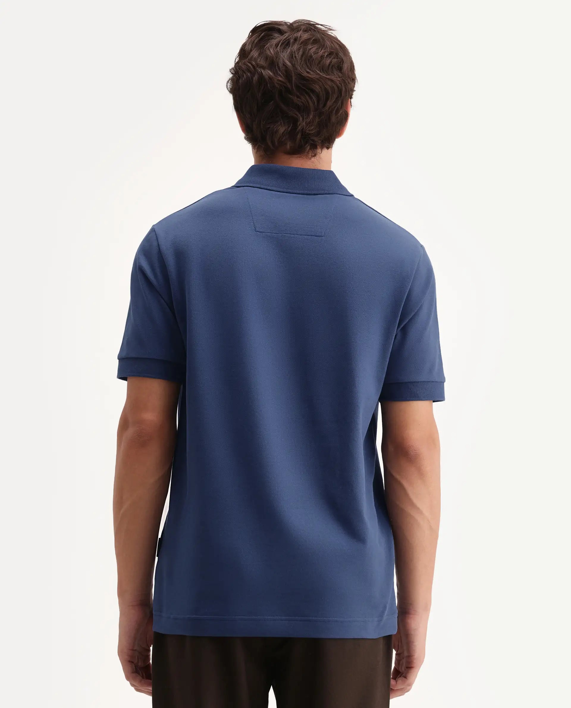 Rare Rabbit Men's Walp Dark Blue Cotton Blend Spread Collar Regular Plain Polo