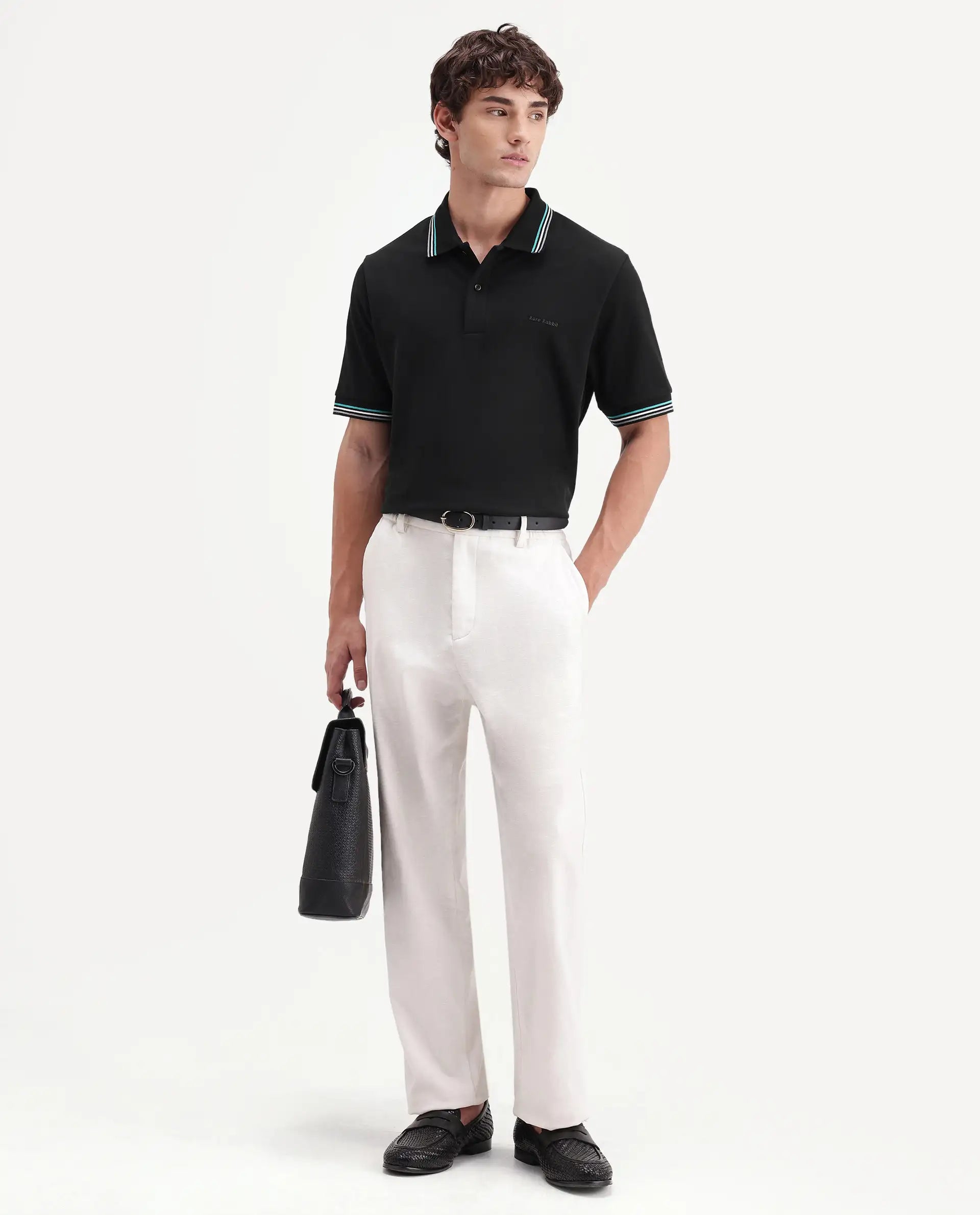 Rare Rabbit Men's Dren Black Cotton Blend Spread Collar Regular Plain Polo
