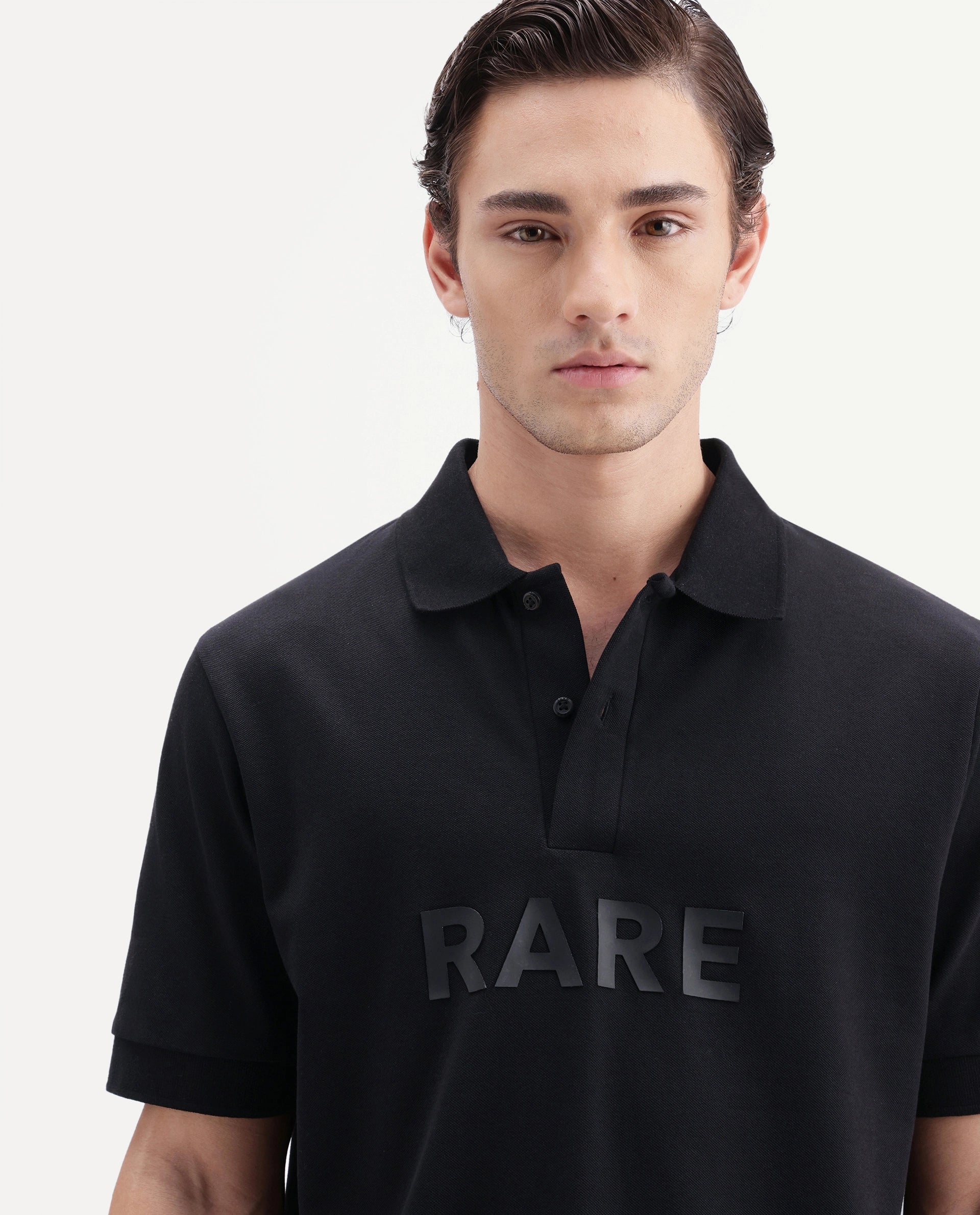 Rare Rabbit Men's Gael Black Cotton Blend Spread Collar Regular Graphic Print Polo