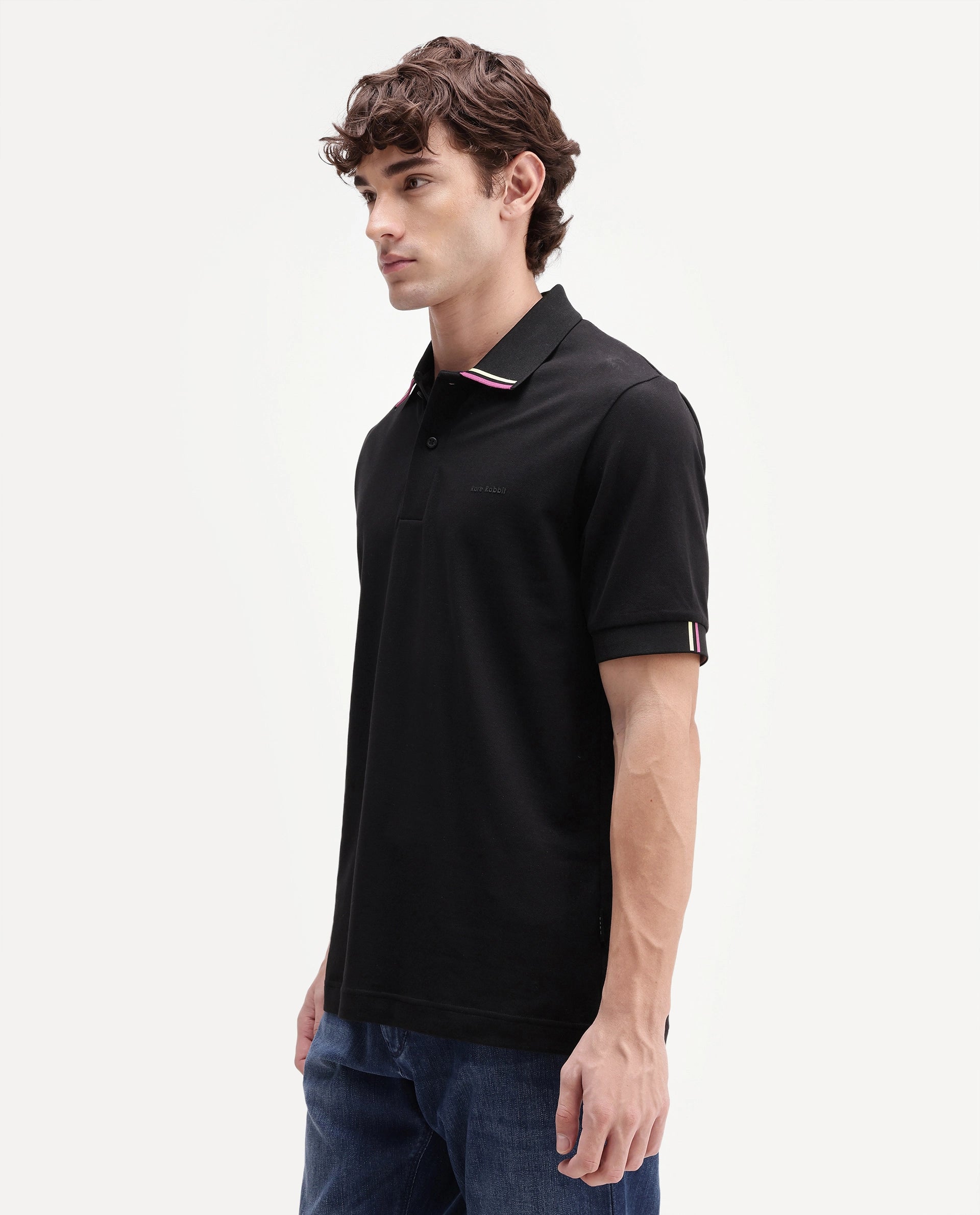 Rare Rabbit Men's Eris Black Cotton Blend Spread Collar Regular Plain Polo