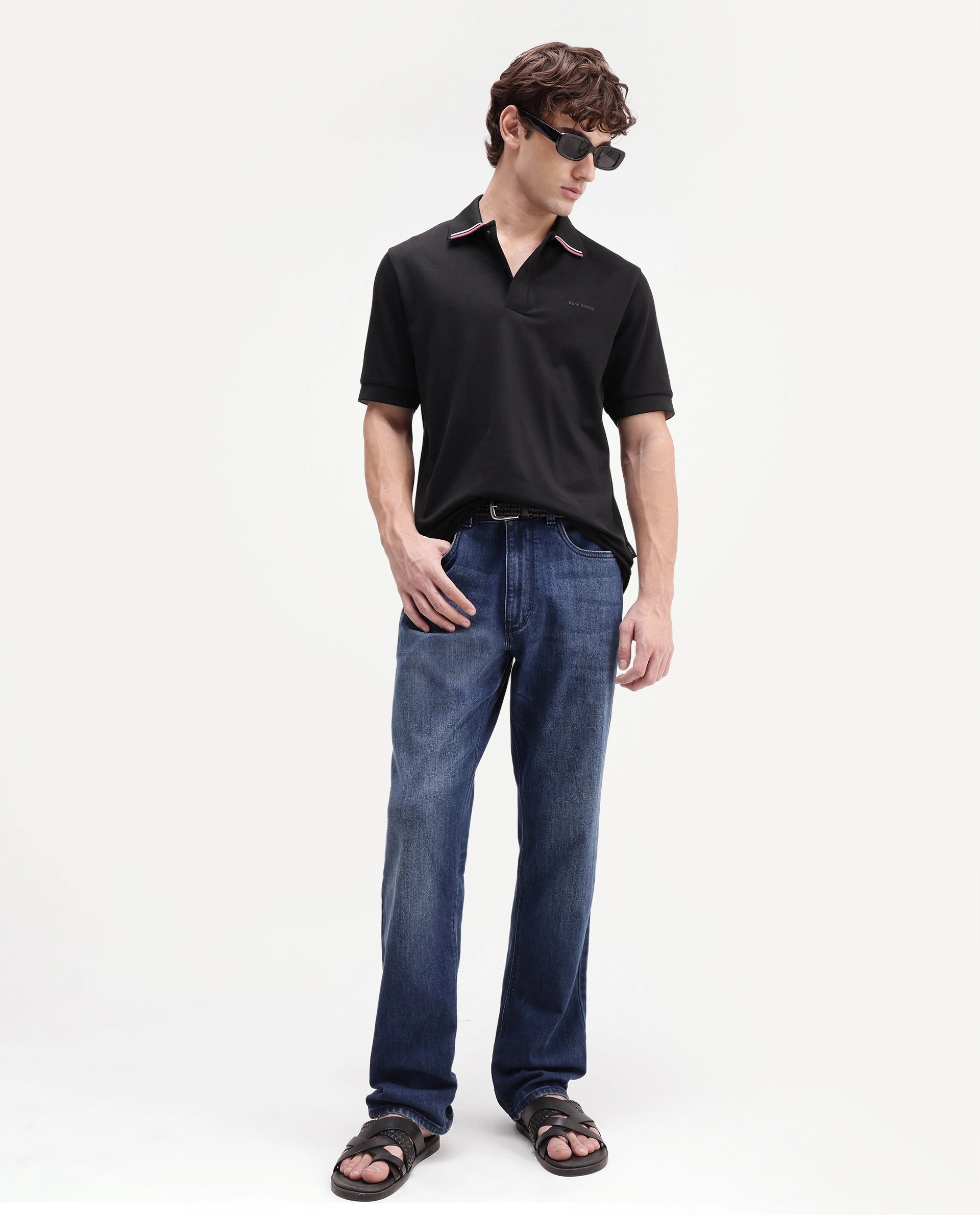 Rare Rabbit Men's Eris Black Cotton Blend Spread Collar Regular Plain Polo