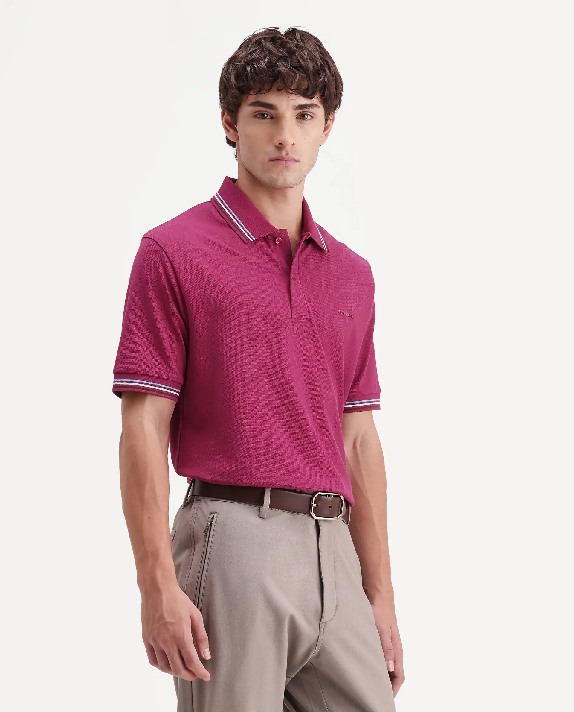 Rare Rabbit Men's Dren Fluorescent Pink Cotton Blend Spread Collar Regular Plain Polo