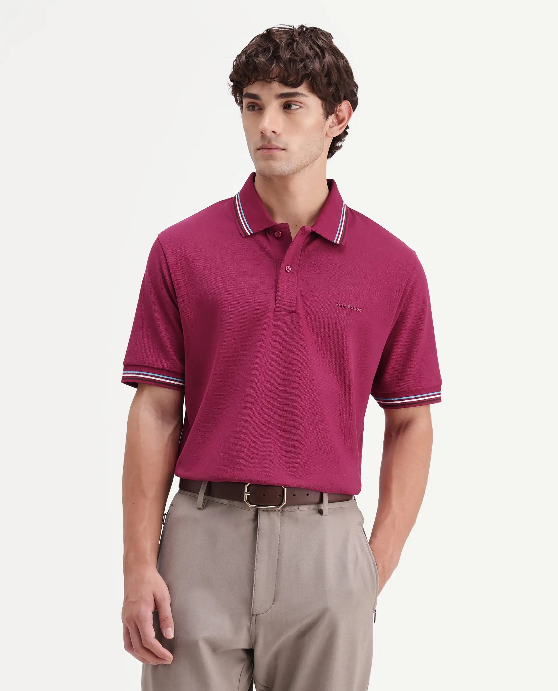 Rare Rabbit Men's Dren Fluorescent Pink Cotton Blend Spread Collar Regular Plain Polo