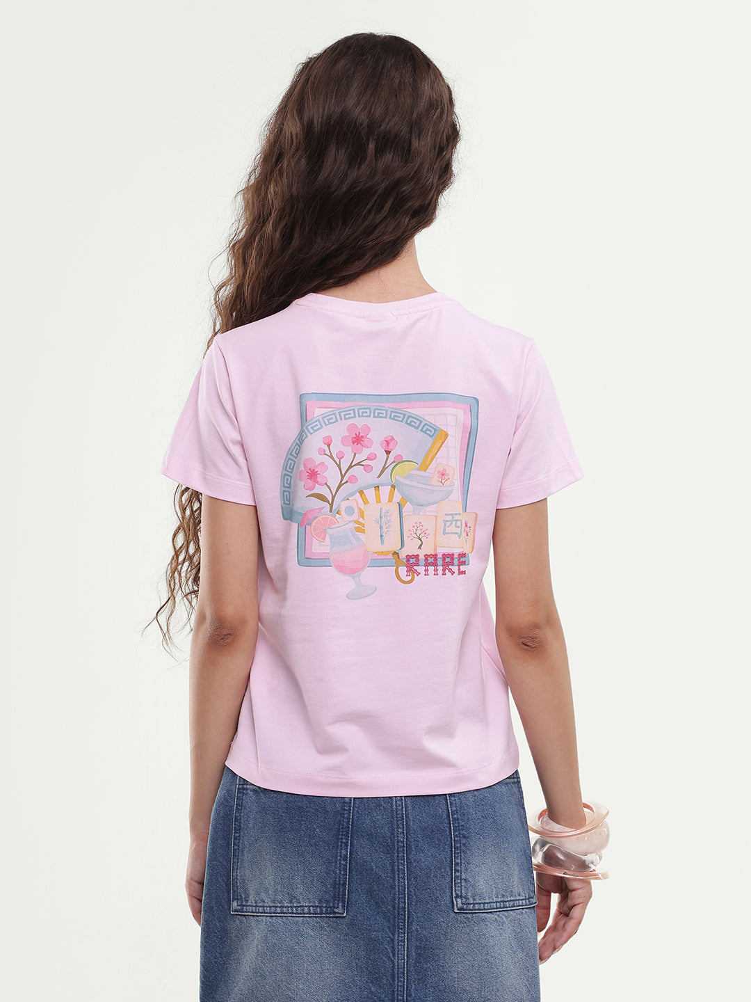 Rareism Women's Majon Light Pink Cotton Blend Fabric Crew Neck Regular Digital Print T-Shirt