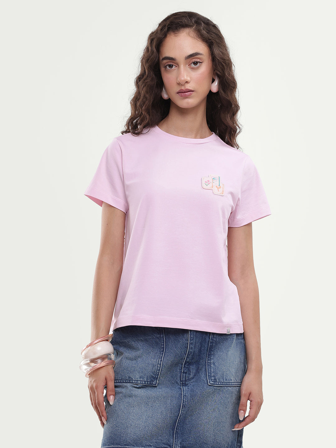 Rareism Women's Majon Light Pink Cotton Blend Fabric Crew Neck Regular Digital Print T-Shirt