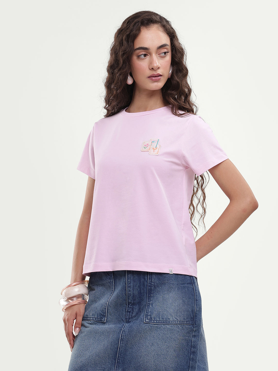 Rareism Women's Majon Light Pink Cotton Blend Fabric Crew Neck Regular Digital Print T-Shirt