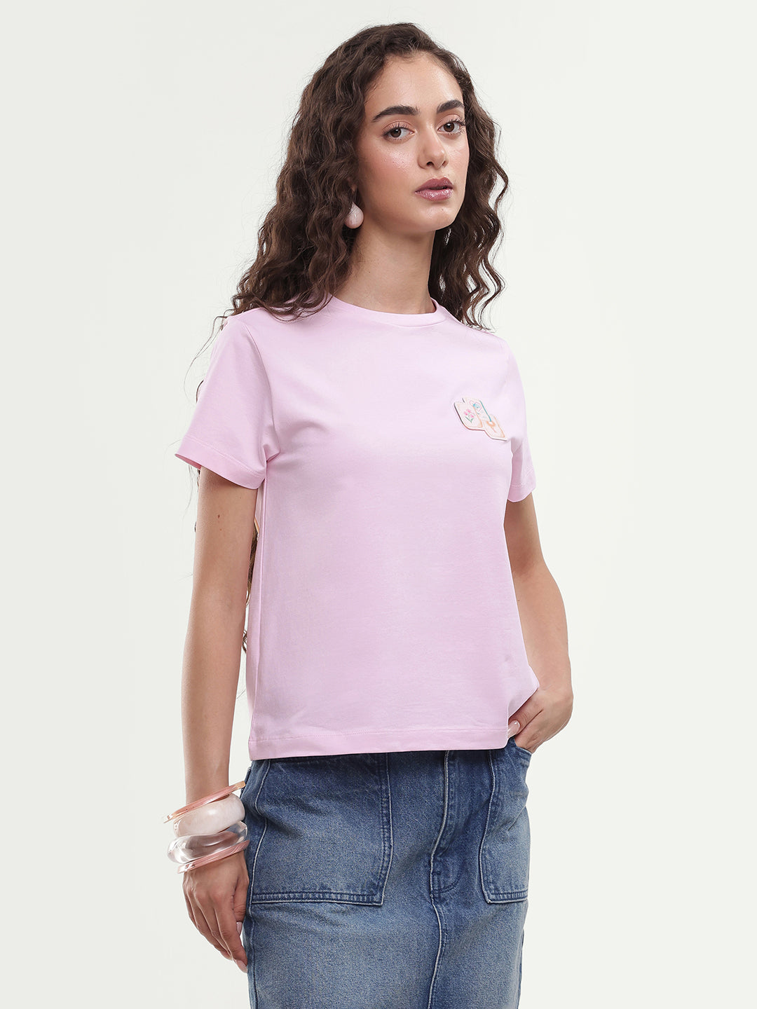 Rareism Women's Majon Light Pink Cotton Blend Fabric Crew Neck Regular Digital Print T-Shirt