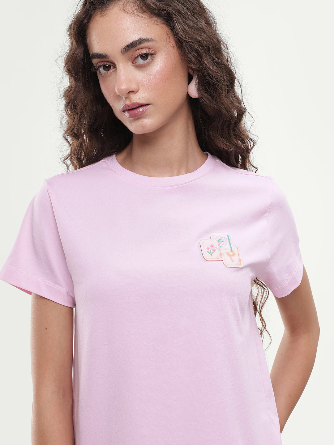 Rareism Women's Majon Light Pink Cotton Blend Fabric Crew Neck Regular Digital Print T-Shirt