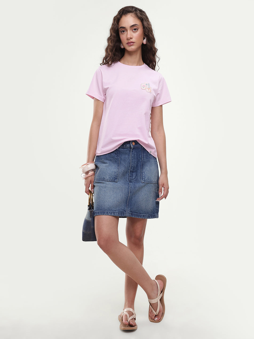 Rareism Women's Majon Light Pink Cotton Blend Fabric Crew Neck Regular Digital Print T-Shirt
