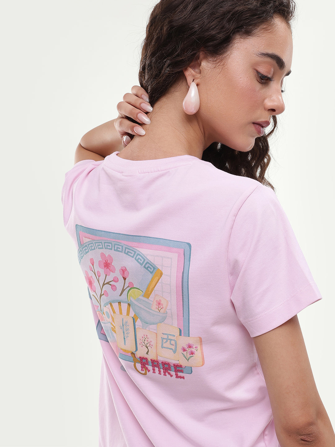 Rareism Women's Majon Light Pink Cotton Blend Fabric Crew Neck Regular Digital Print T-Shirt