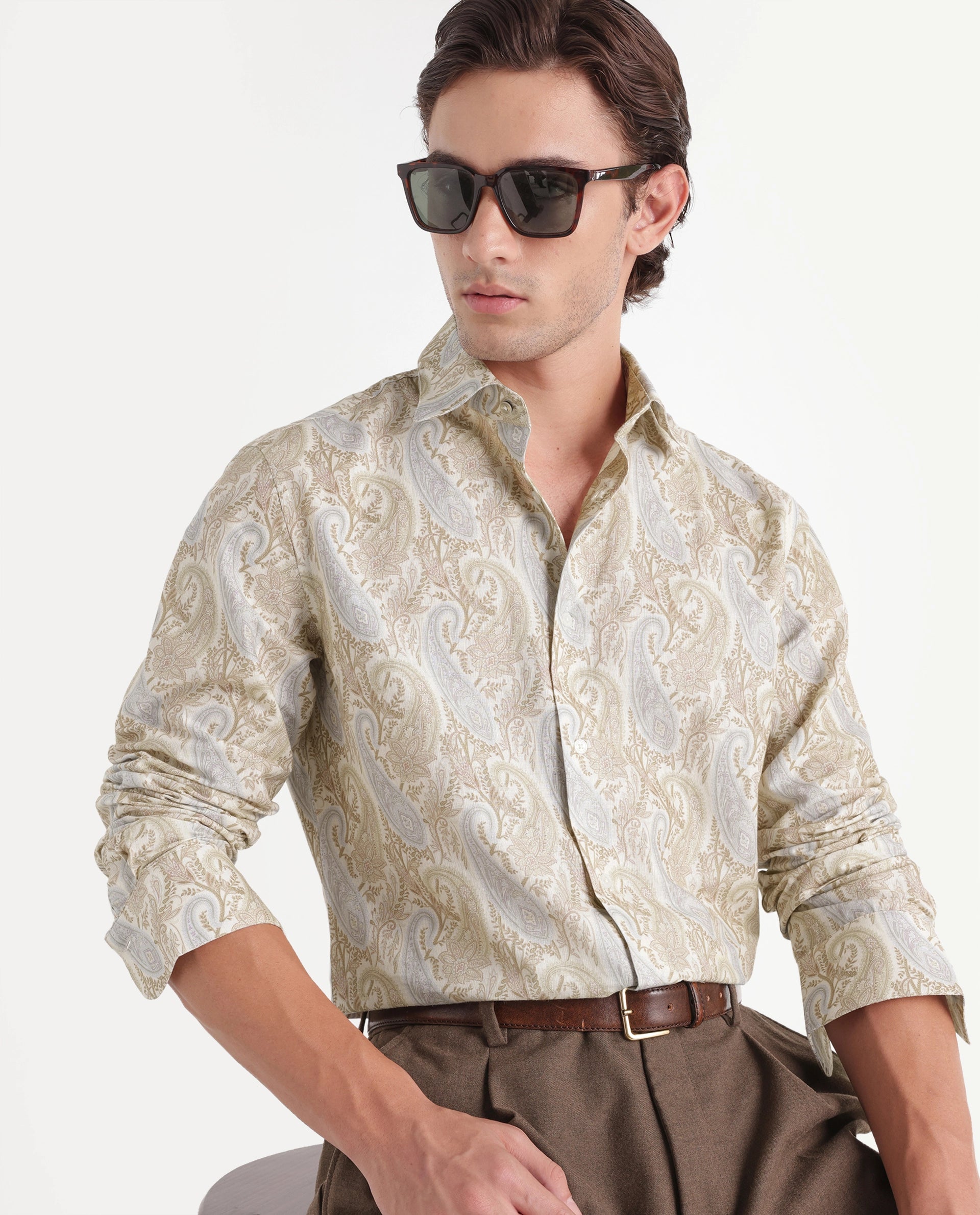 Rare Rabbit Men's Claro Off White Cotton Fabric Spread Collar Regular Paisley Print Shirt