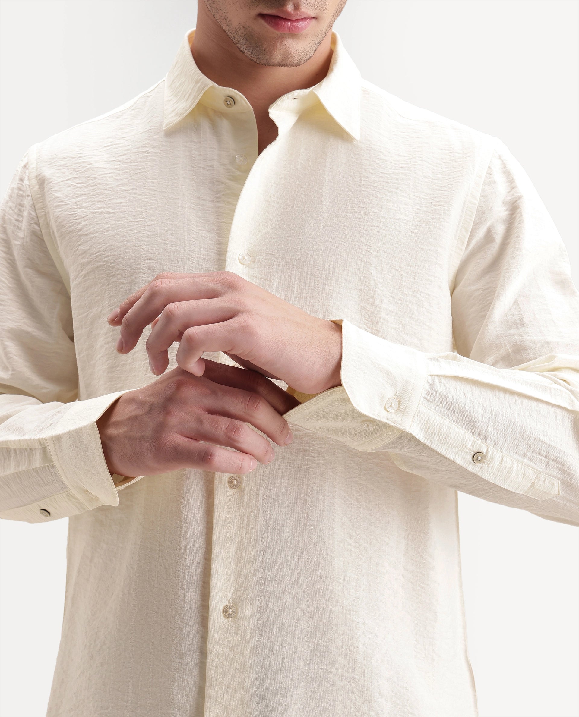 Rare Rabbit Men's Slink Light Yellow Viscose Blend Fabric Spread Collar Regular Striped Shirt