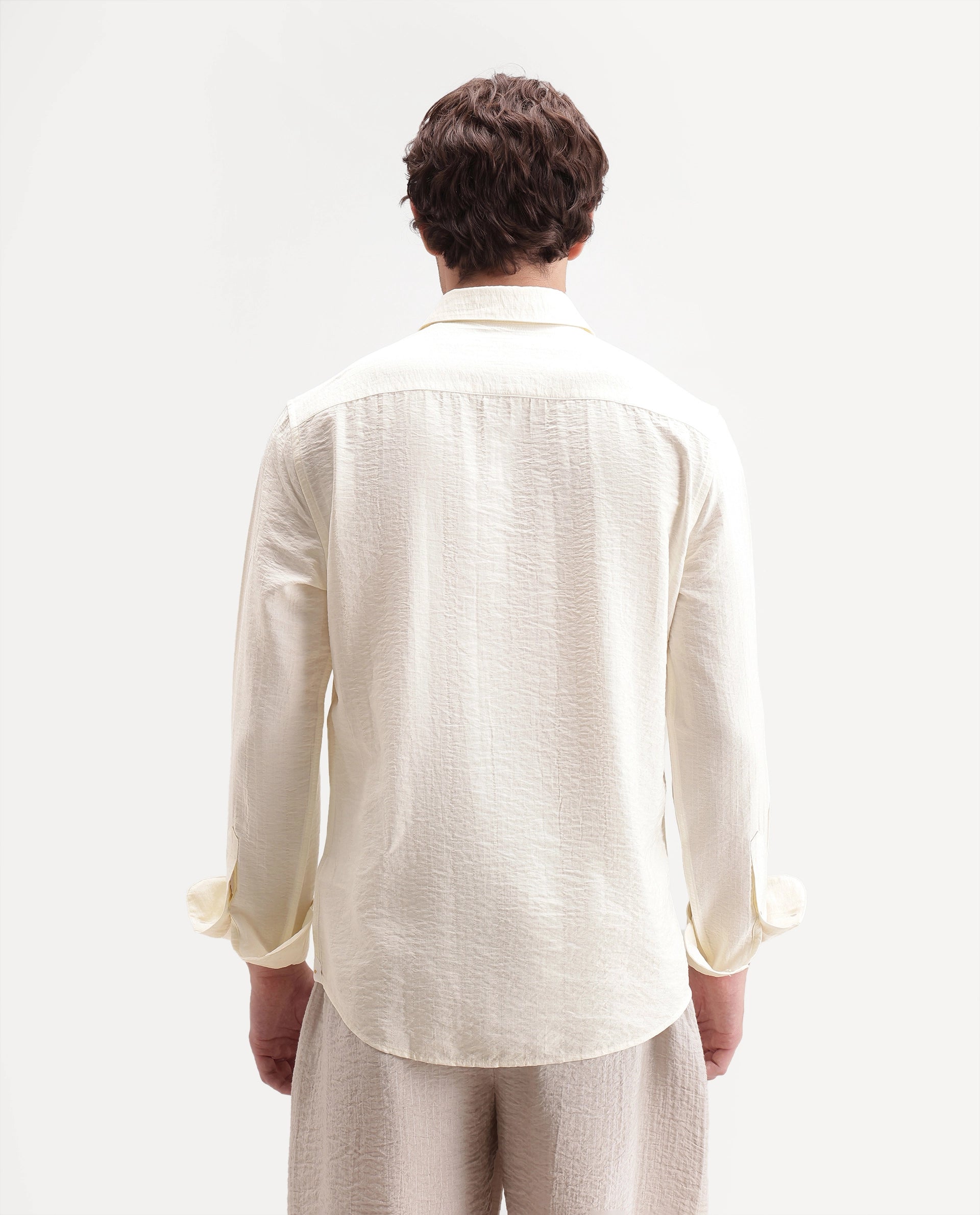 Rare Rabbit Men's Slink Light Yellow Viscose Blend Fabric Spread Collar Regular Striped Shirt