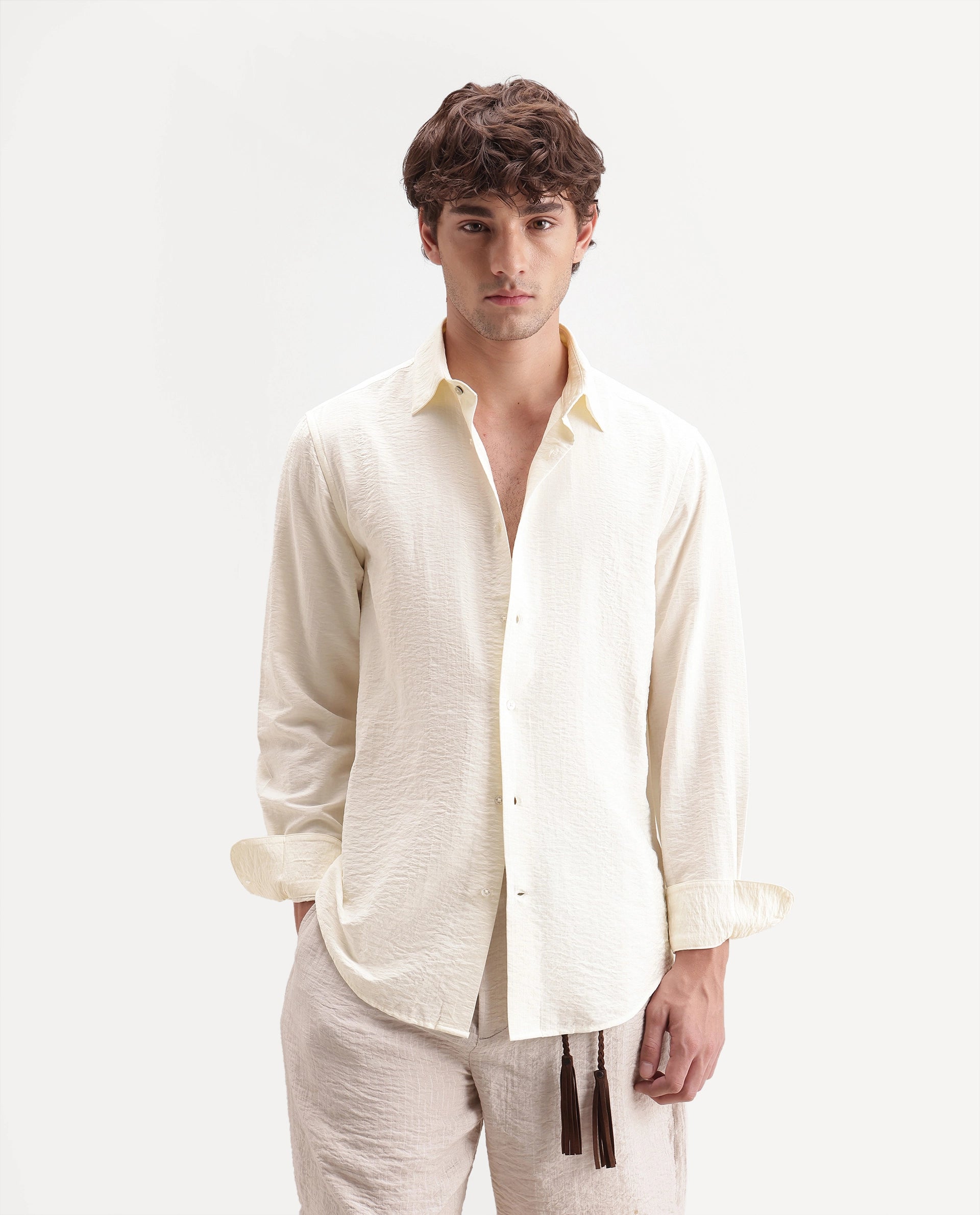 Rare Rabbit Men's Slink Light Yellow Viscose Blend Fabric Spread Collar Regular Striped Shirt