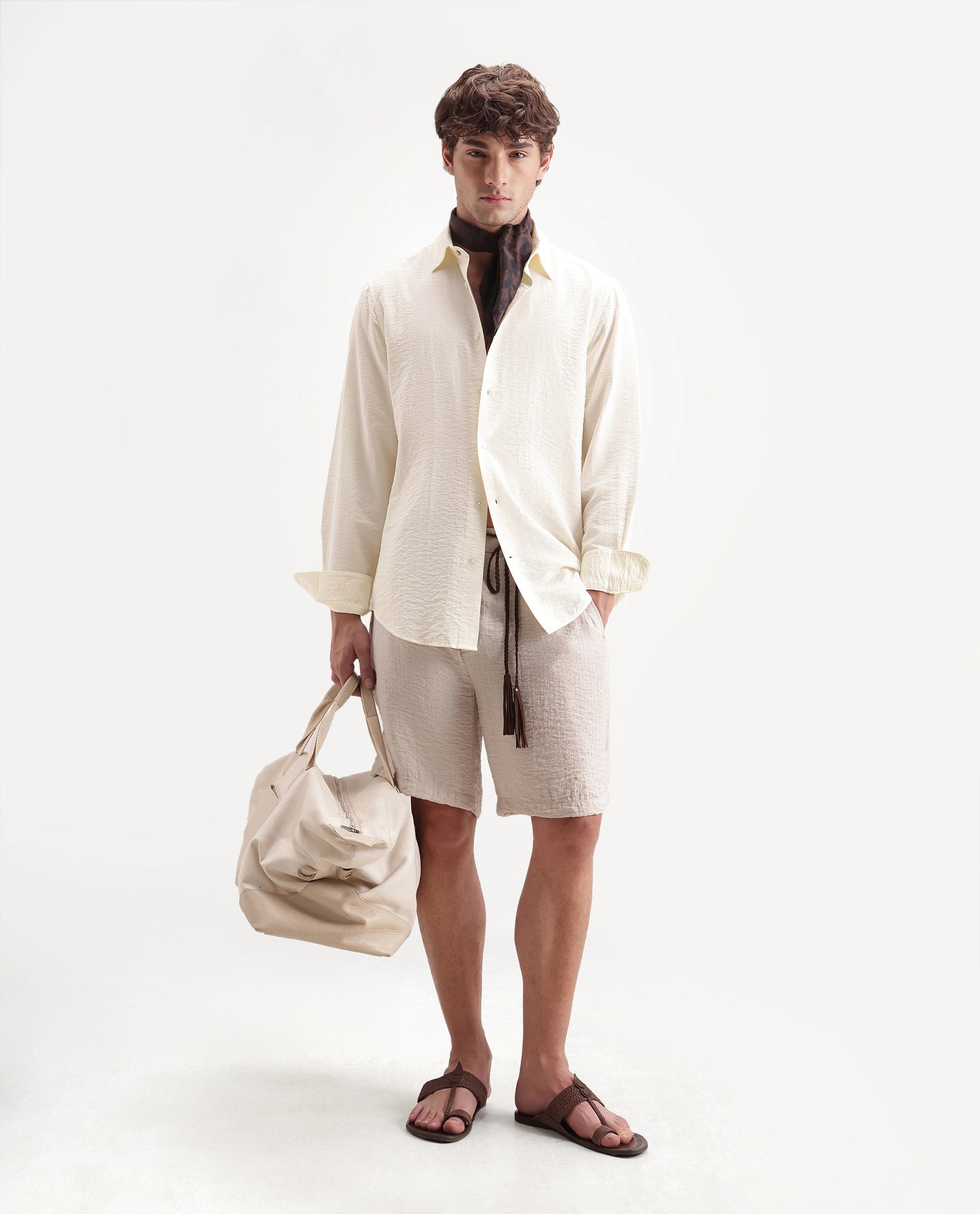 Rare Rabbit Men's Slink Light Yellow Viscose Blend Fabric Spread Collar Regular Striped Shirt