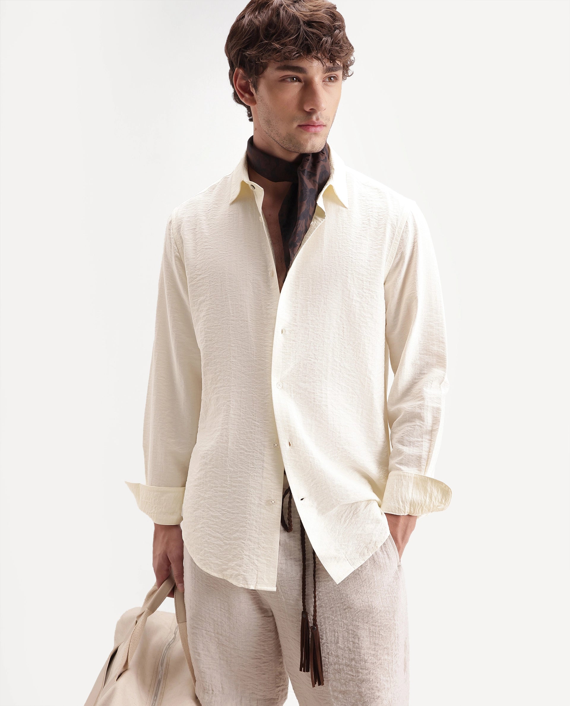 Rare Rabbit Men's Slink Light Yellow Viscose Blend Fabric Spread Collar Regular Striped Shirt