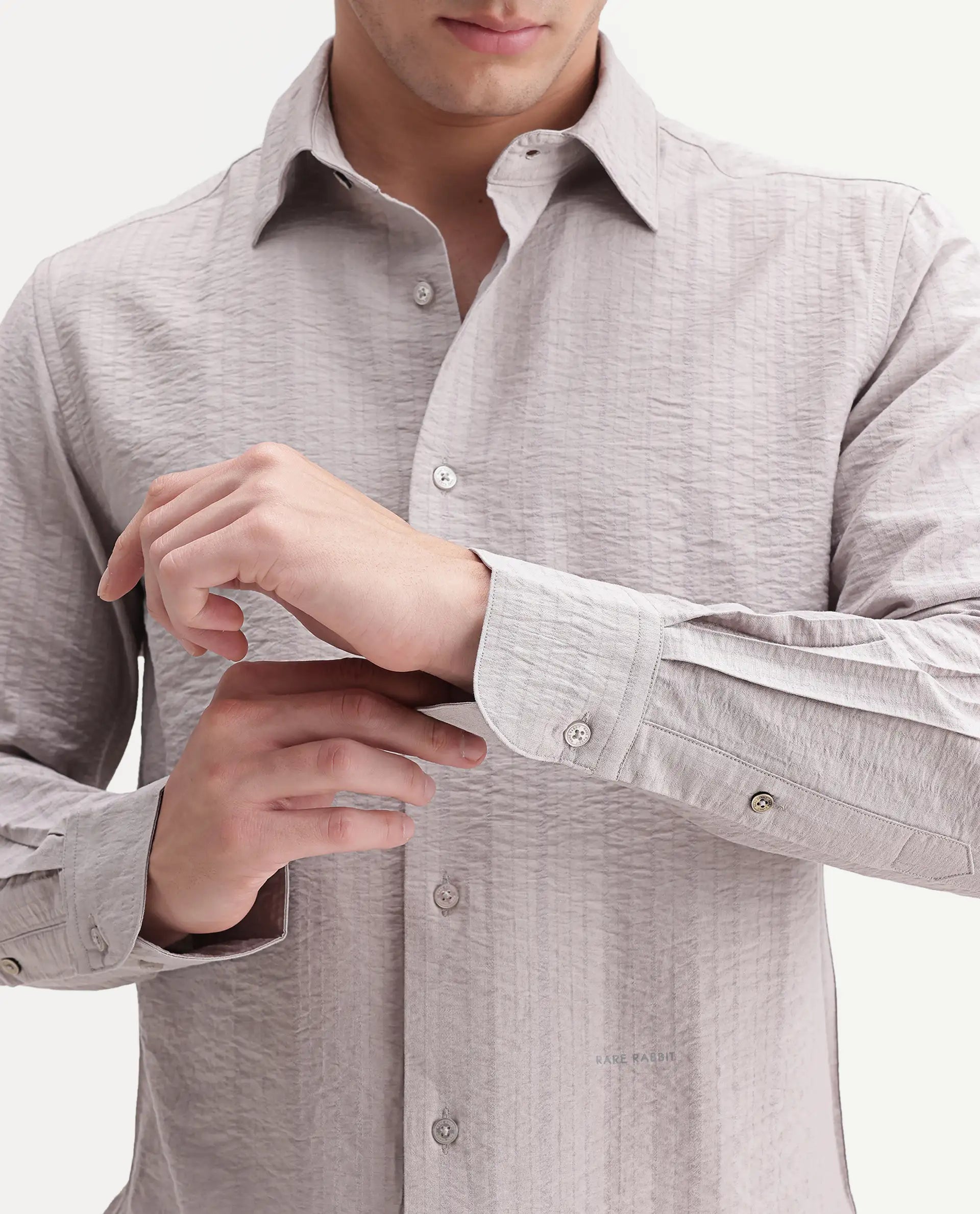 Rare Rabbit Men's Slink Grey Viscose Fabric Spread Collar Regular Striped Shirt