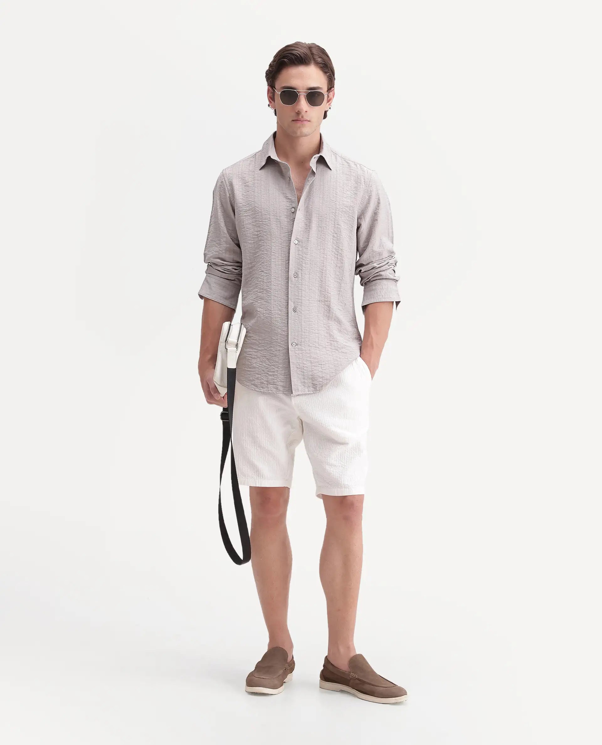 Rare Rabbit Men's Slink Grey Viscose Fabric Spread Collar Regular Striped Shirt