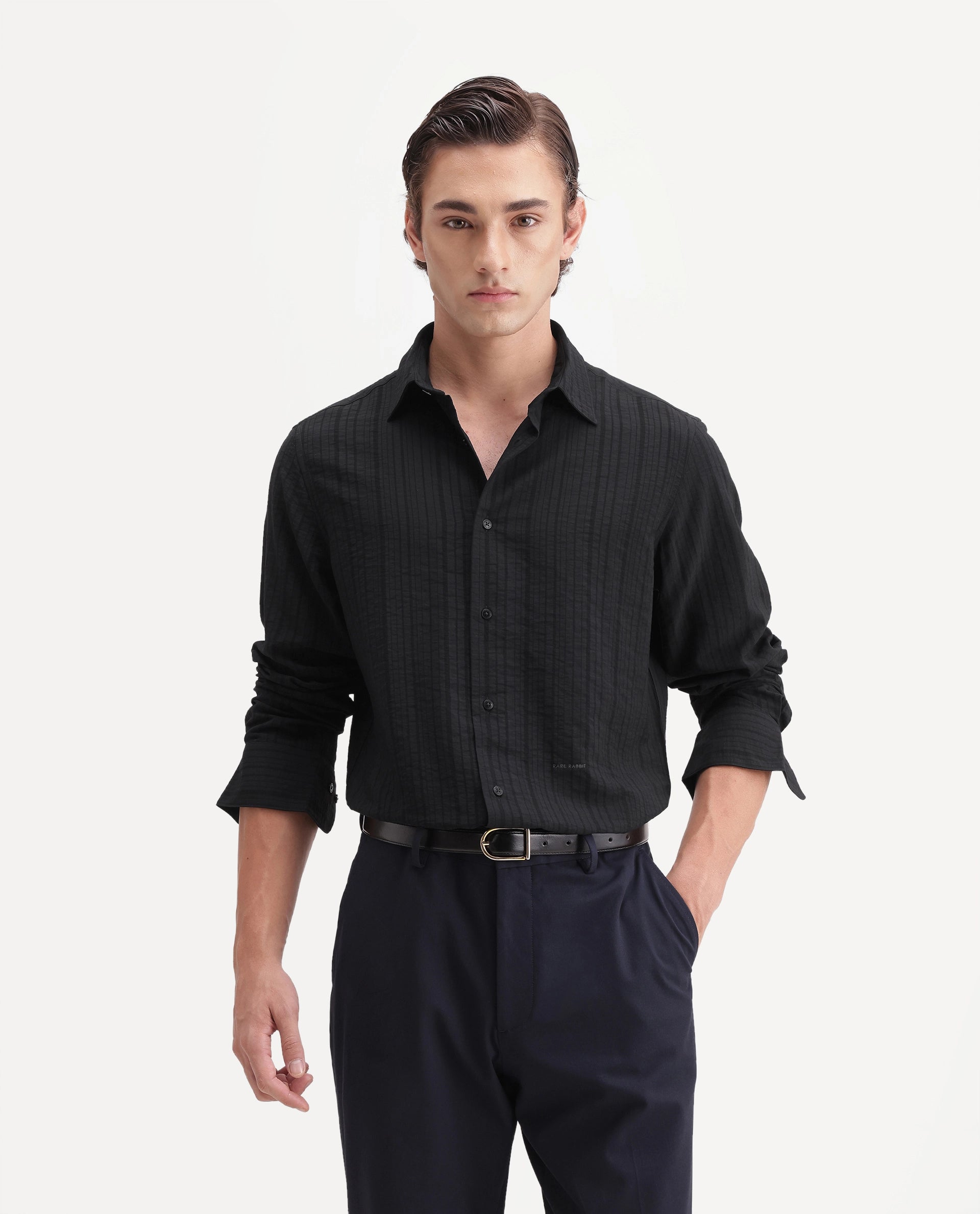 Rare Rabbit Men's Slink Black Viscose Blend Fabric Spread Collar Regular Textured Shirt
