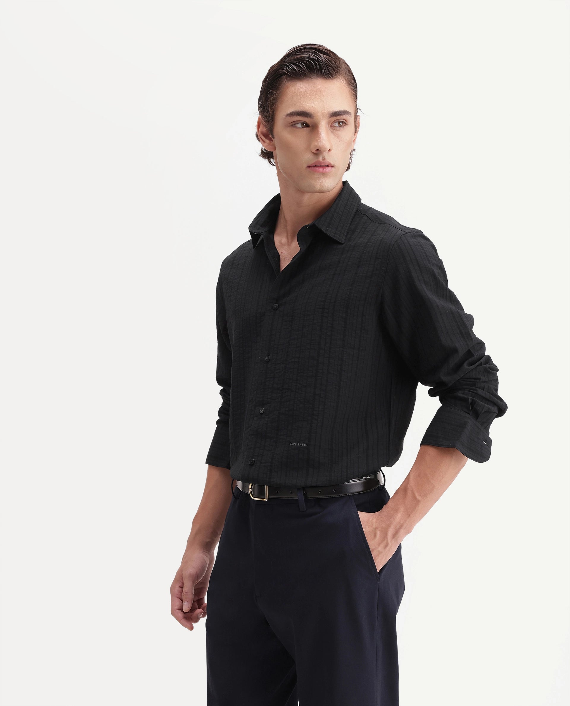 Rare Rabbit Men's Slink Black Viscose Blend Fabric Spread Collar Regular Textured Shirt