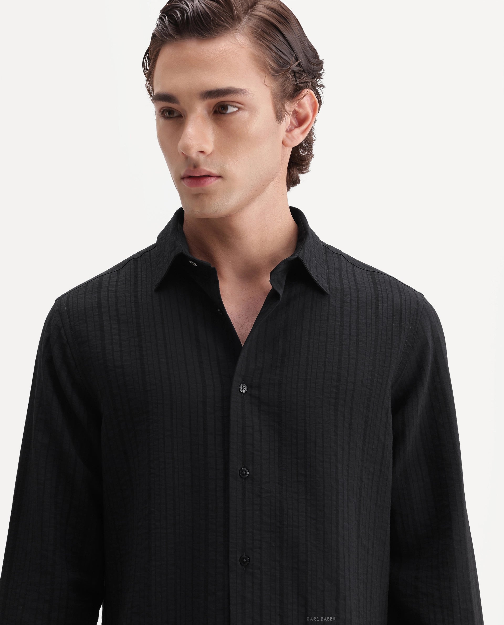 Rare Rabbit Men's Slink Black Viscose Blend Fabric Spread Collar Regular Textured Shirt
