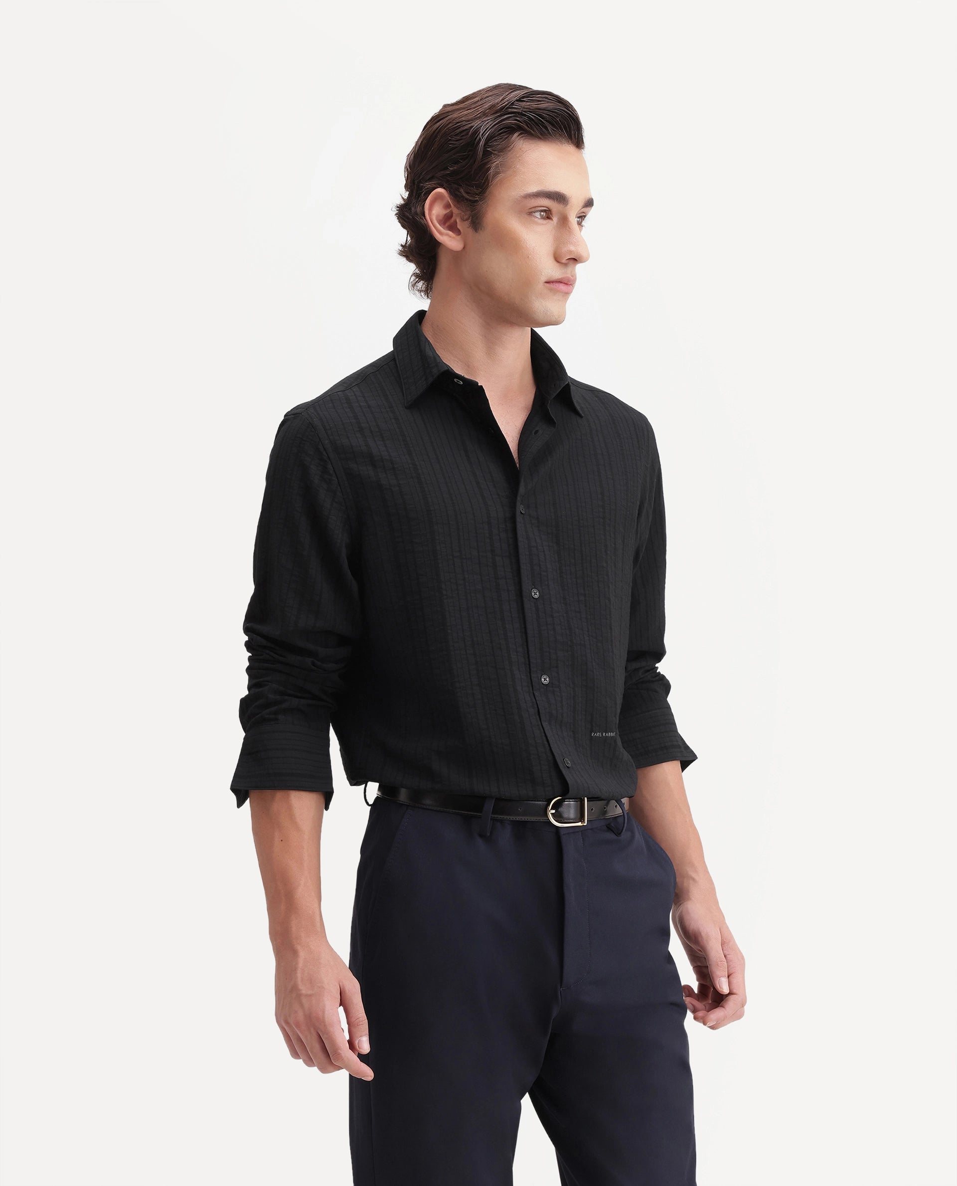 Rare Rabbit Men's Slink Black Viscose Blend Fabric Spread Collar Regular Textured Shirt