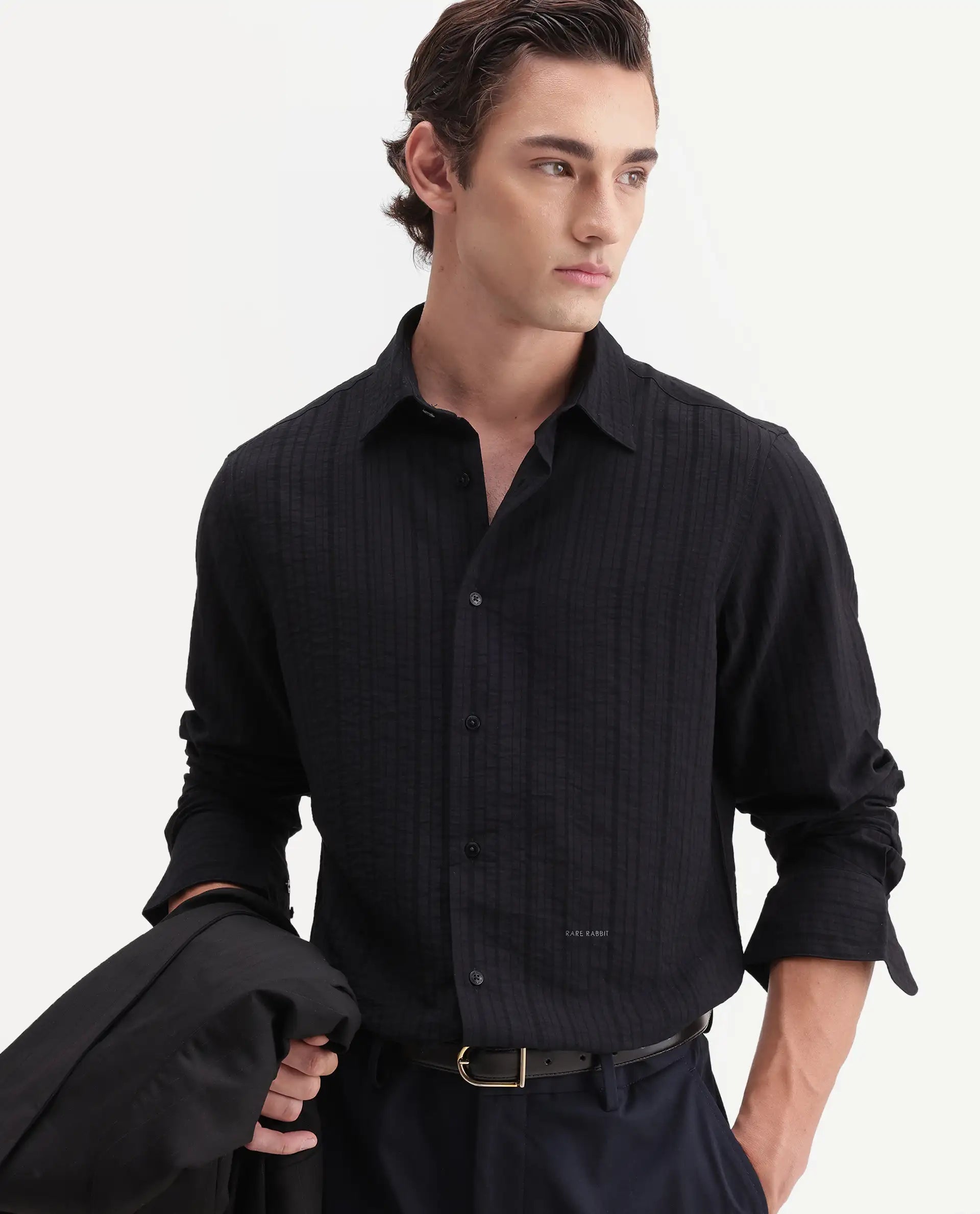 Rare Rabbit Men's Slink Black Viscose Fabric Spread Collar Regular Striped Shirt