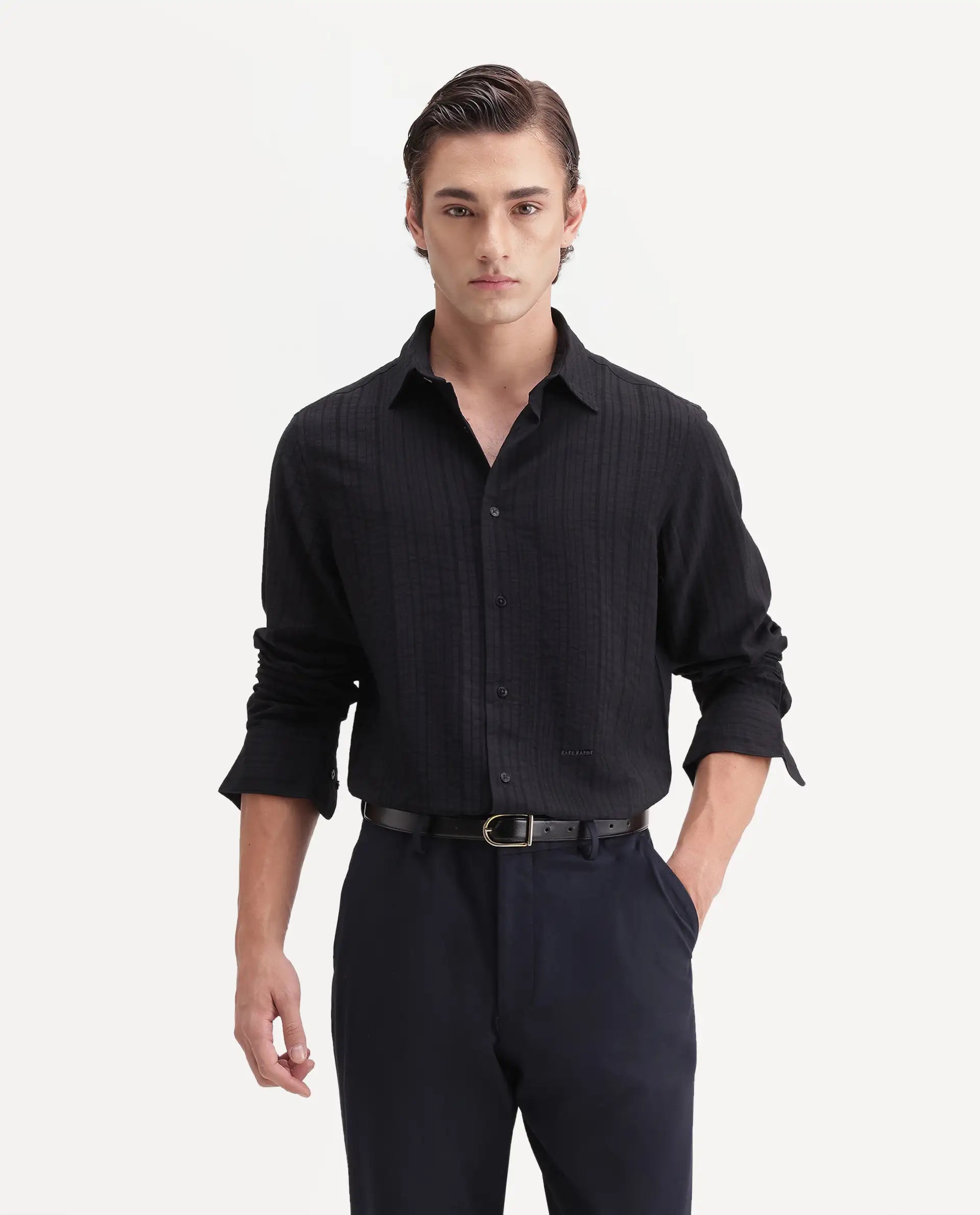 Rare Rabbit Men's Slink Black Viscose Fabric Spread Collar Regular Striped Shirt