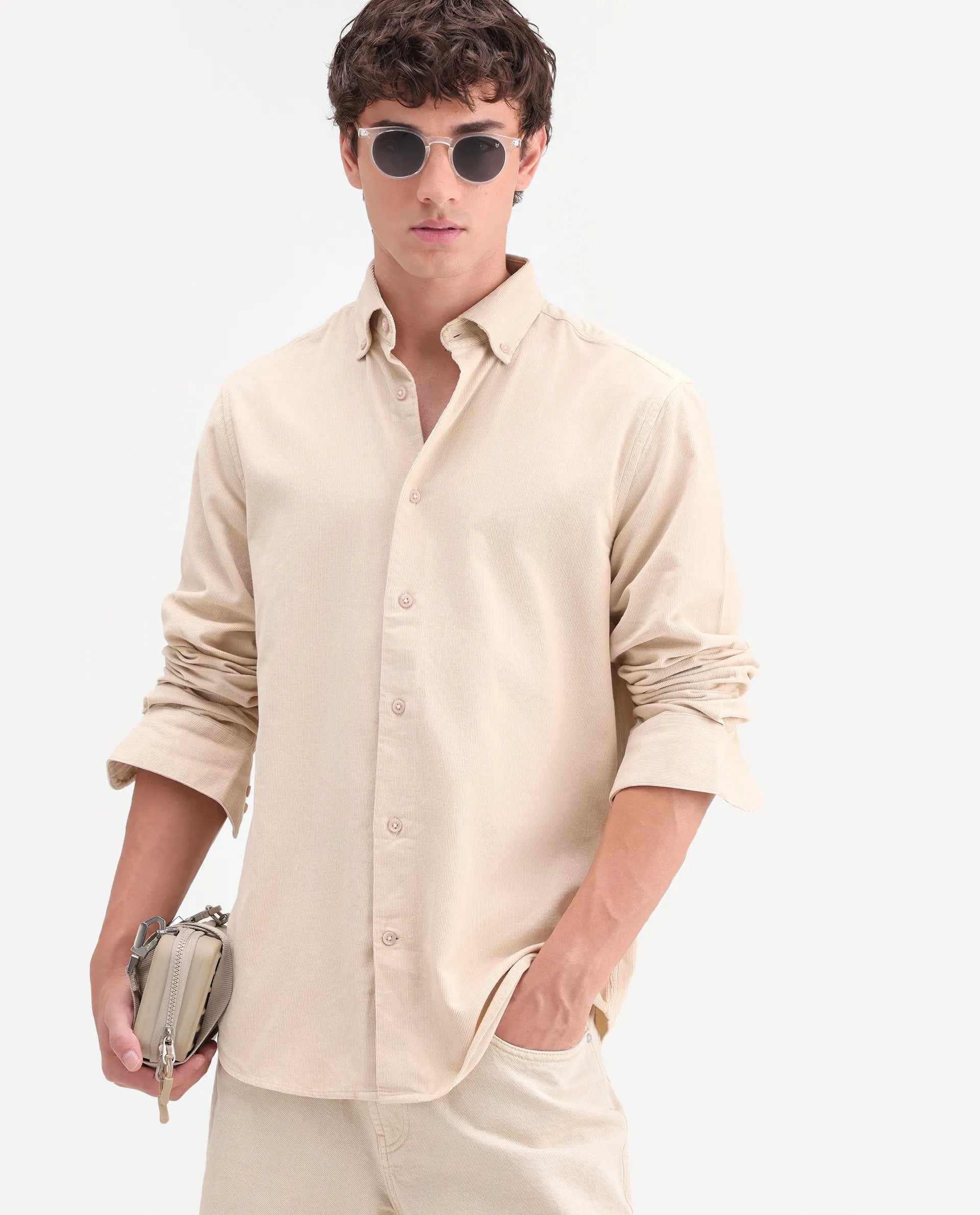 Rare Rabbit Men's Buita-On Off White Cotton Fabric Button-Down Collar Regular Fit Plain Shirt