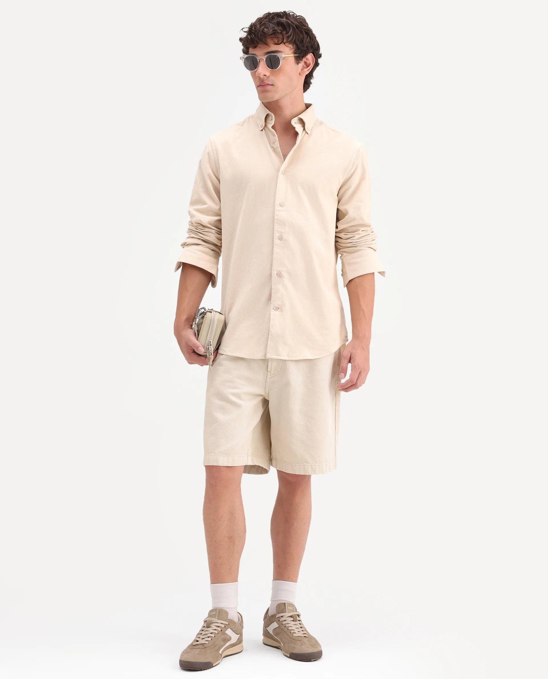 Rare Rabbit Men's Buita-On Off White Cotton Fabric Button-Down Collar Regular Fit Plain Shirt